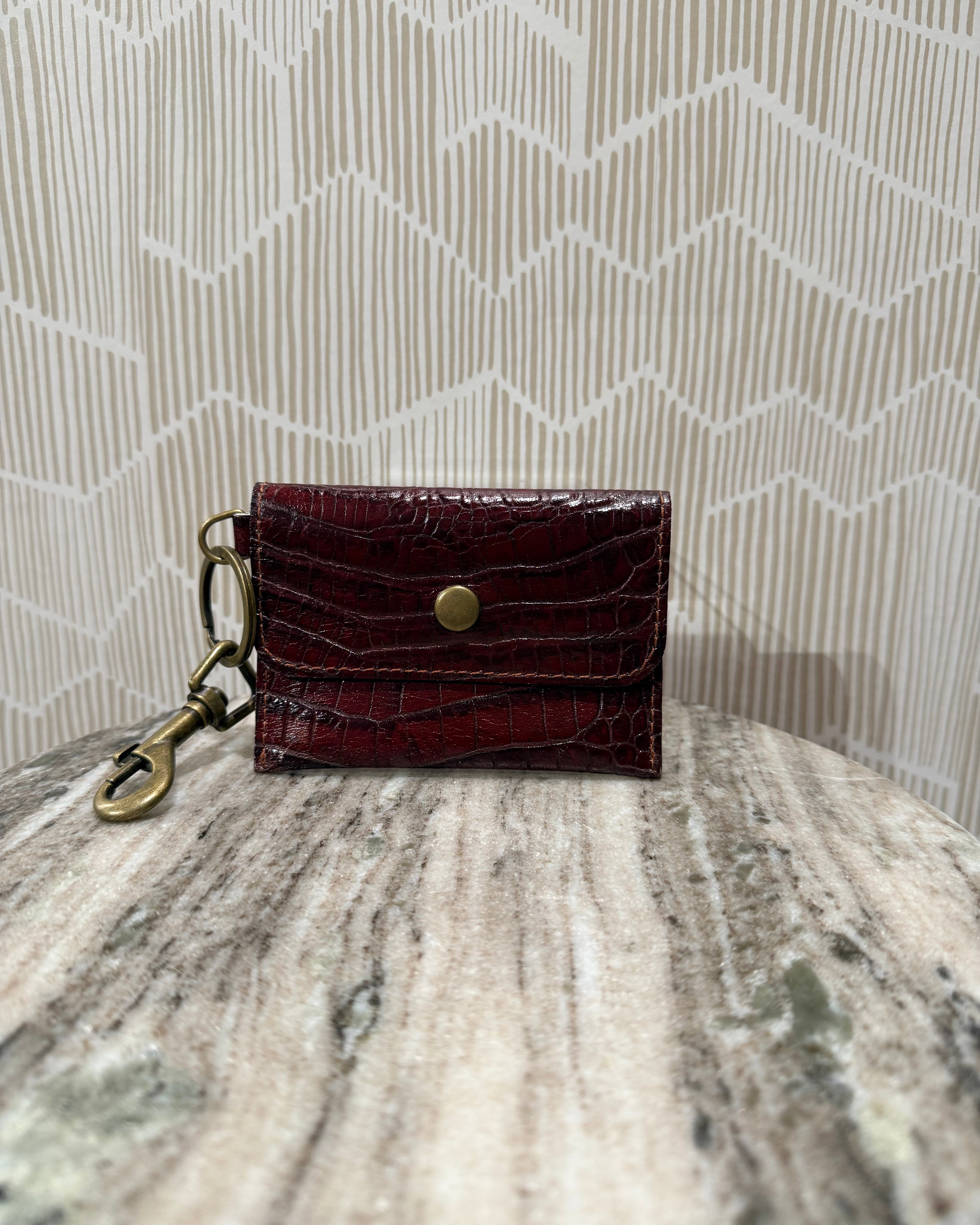Kim White Coin Purse Key Chain - Burgundy Basketweave Accessories - Sloane Boutique