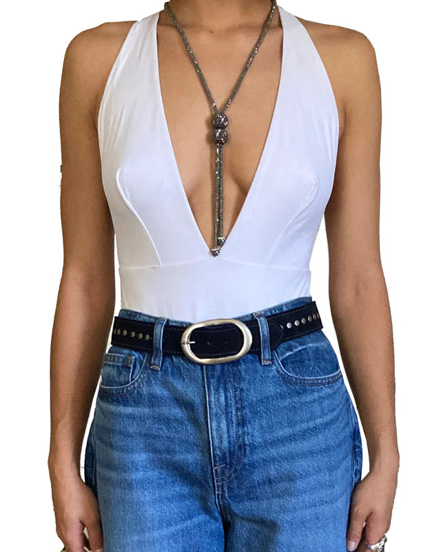 Kim White Oval Classic Belt - Navy Suede Accessories - Sloane Boutique