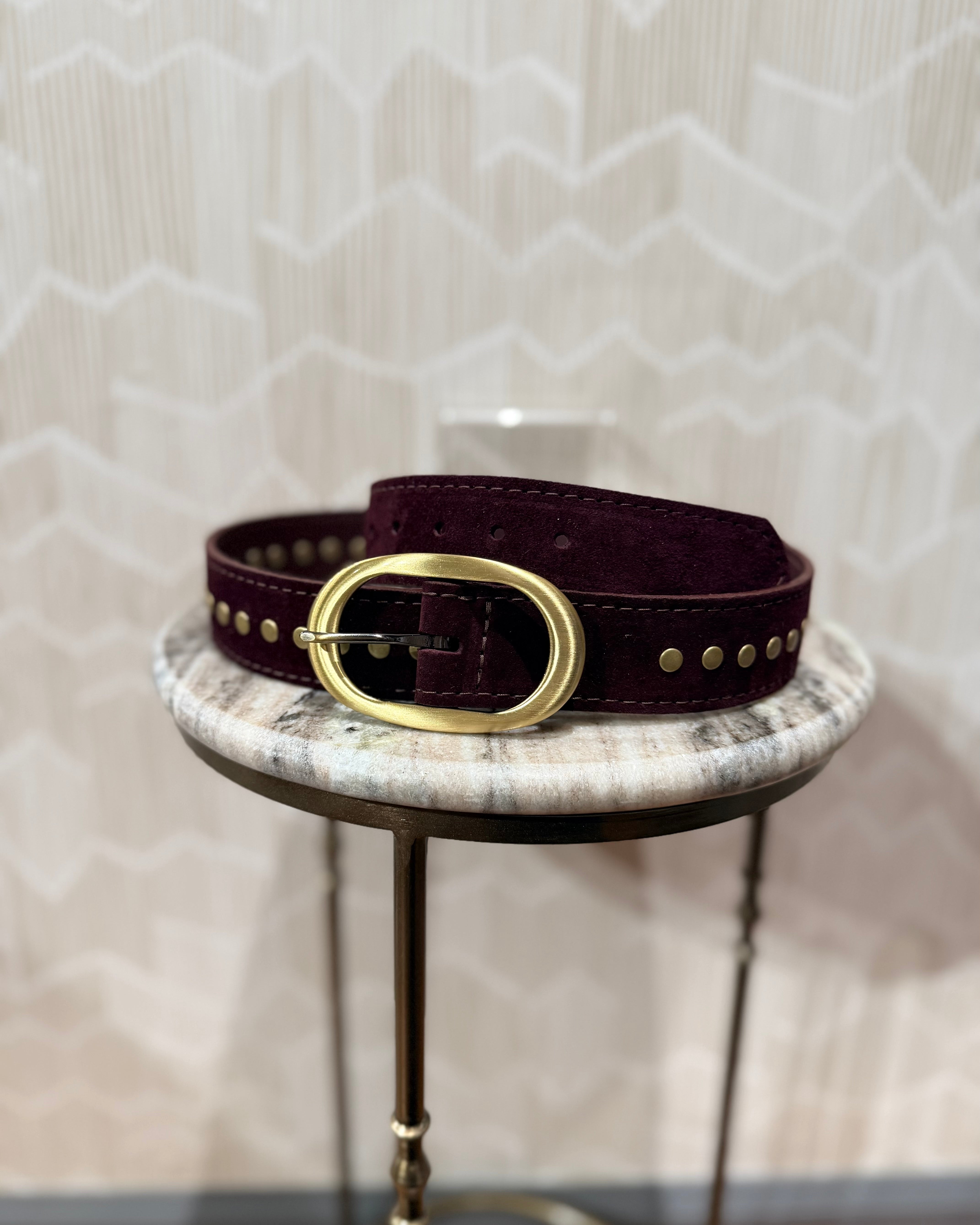 Kim White Oval Classic Studded Belt - Burgundy Suede Accessories - Sloane Boutique