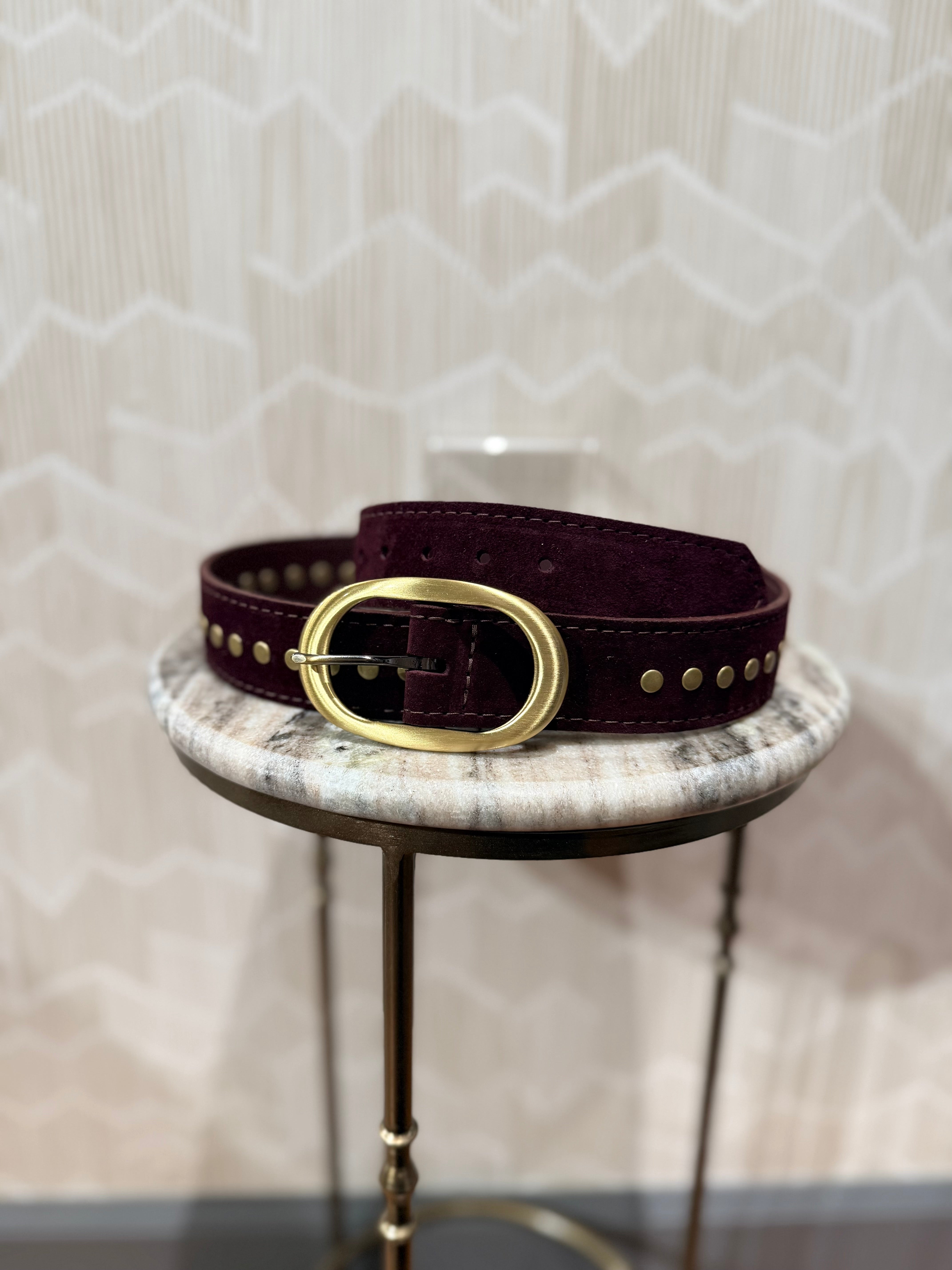 Kim White Oval Classic Studded Belt - Burgundy Suede Accessories - Sloane Boutique
