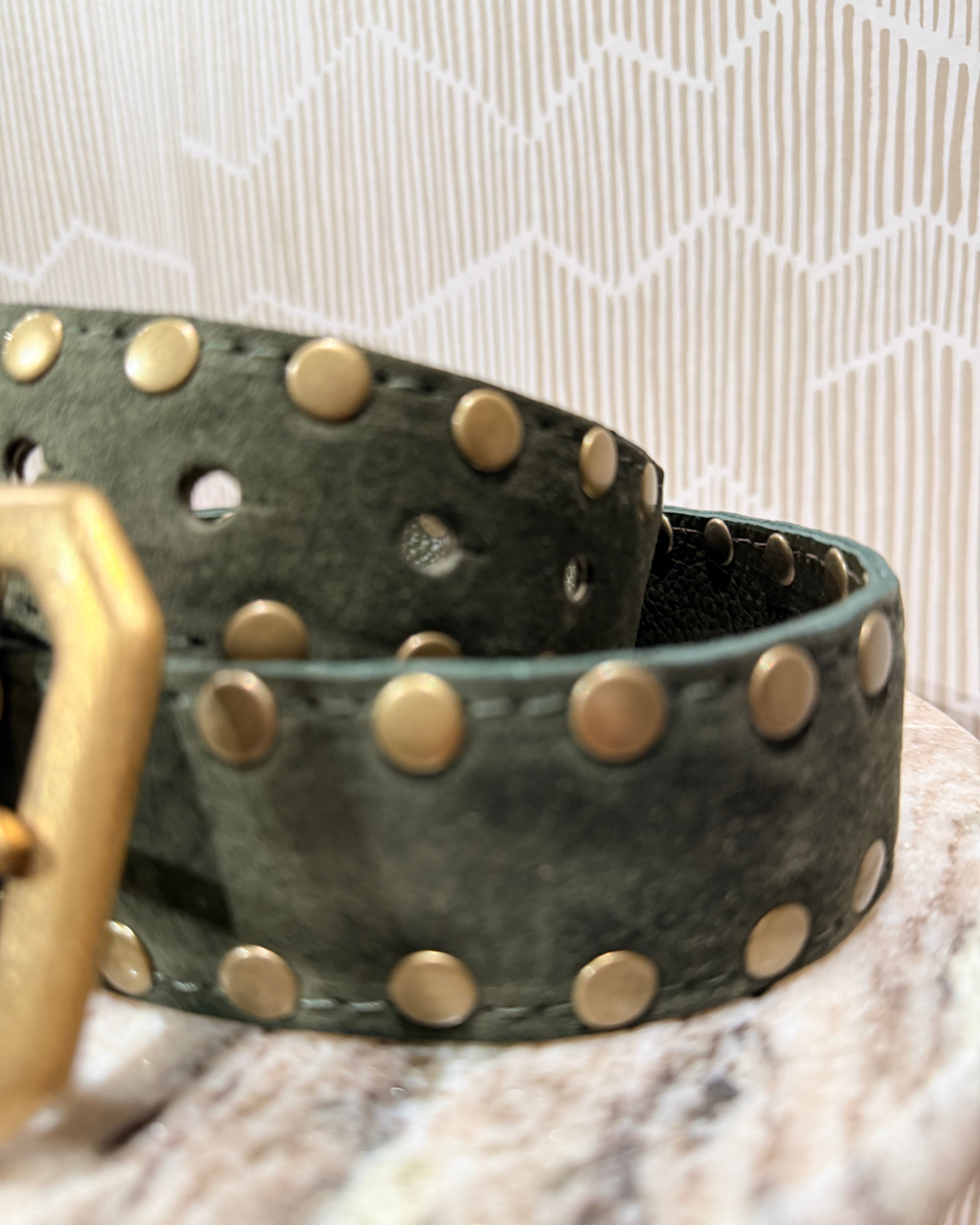 Kim White Squared Off Buckle Studded Belt - Olive Suede Accessories - Sloane Boutique