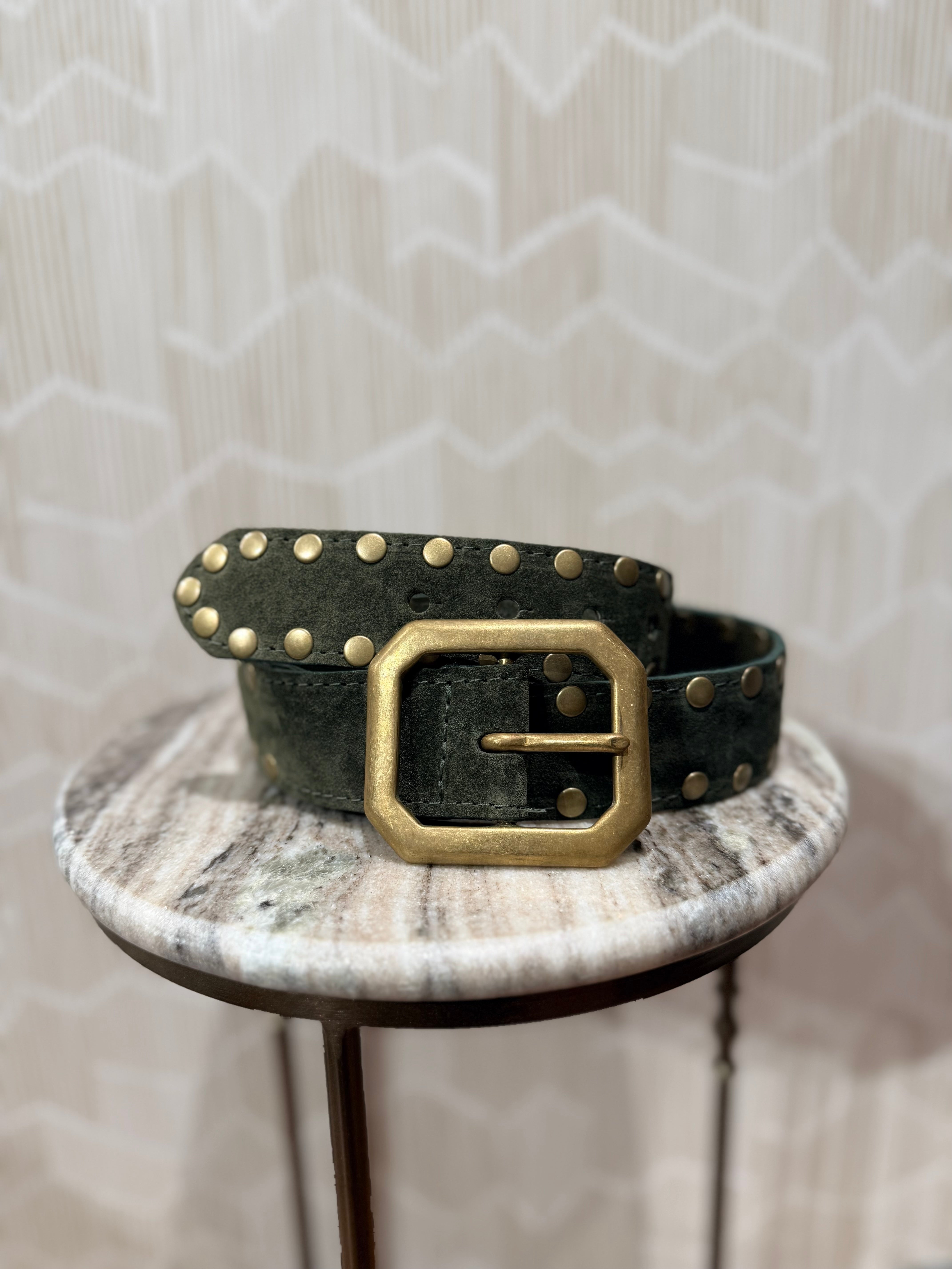Kim White Squared Off Buckle Studded Belt - Olive Suede Accessories - Sloane Boutique
