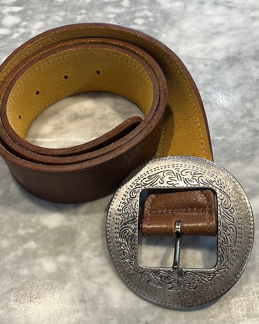 Kim White Western Circle Buckle Belt - Brown Accessories - Sloane Boutique