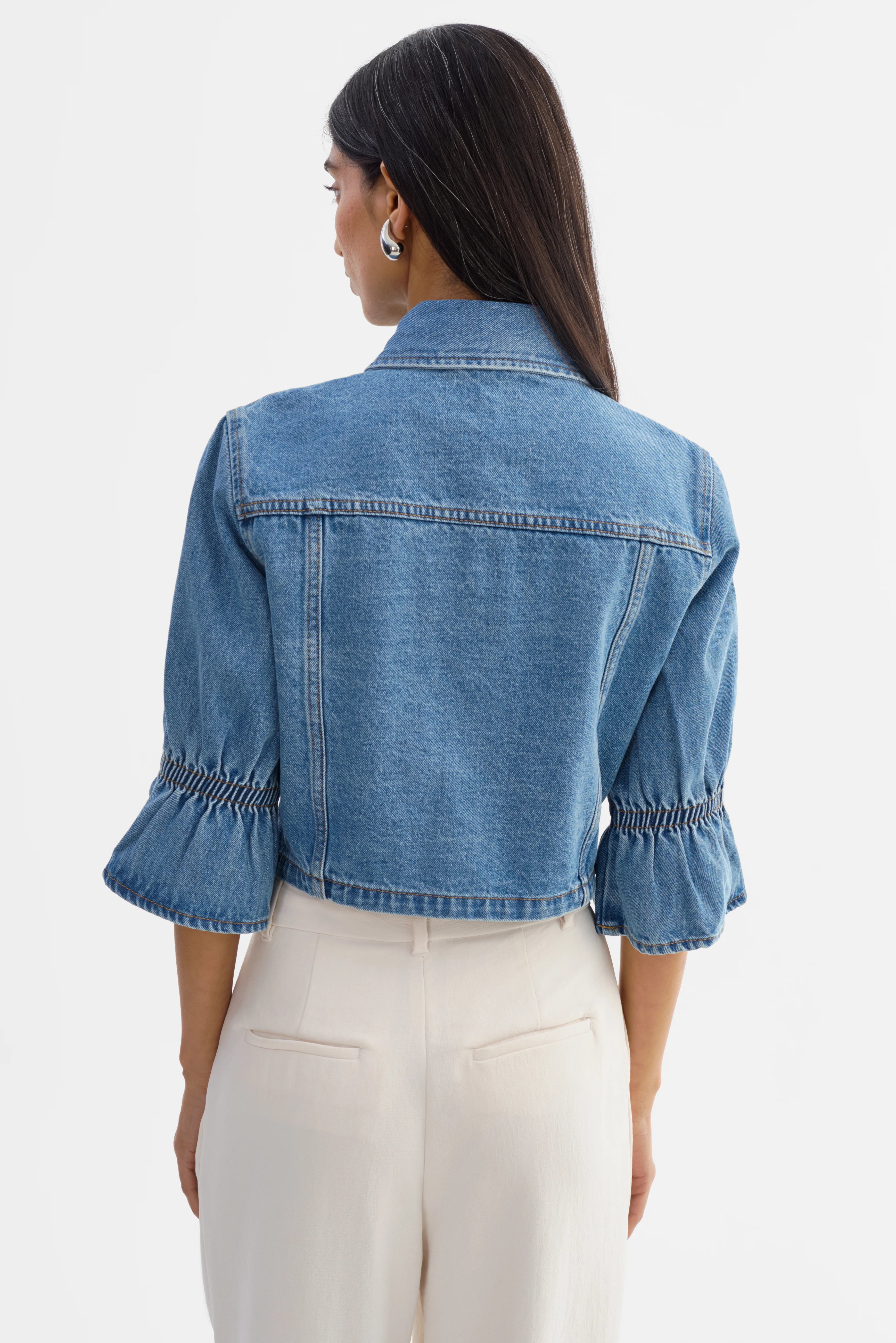 LAMARQUE Carolina Denim Ruffle Sleeve Jacket - Mid Blue Wash Women's Tops - Sloane Boutique