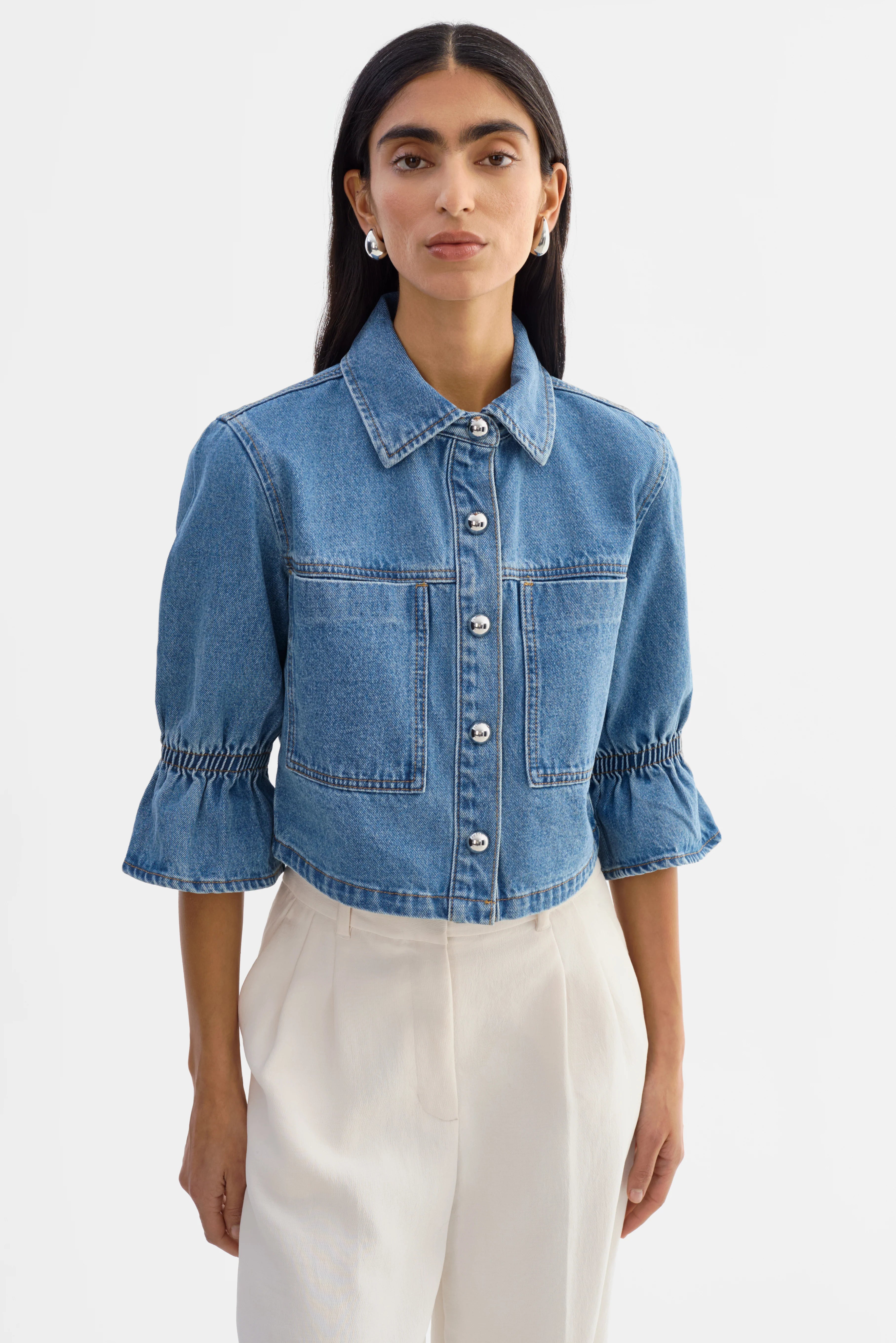 LAMARQUE Carolina Denim Ruffle Sleeve Jacket - Mid Blue Wash Women's Tops - Sloane Boutique