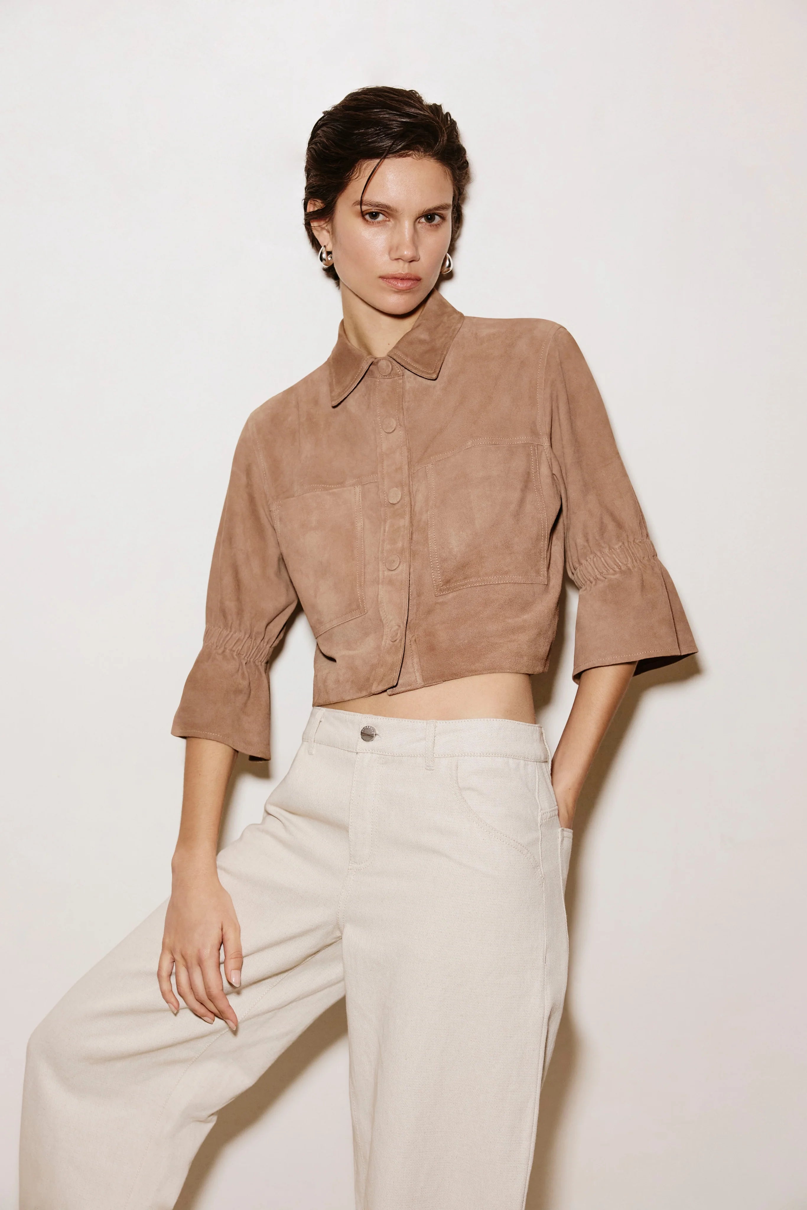 LAMARQUE Carolina Suede Ruffle Sleeve Jacket - Latte Women's Tops - Sloane Boutique