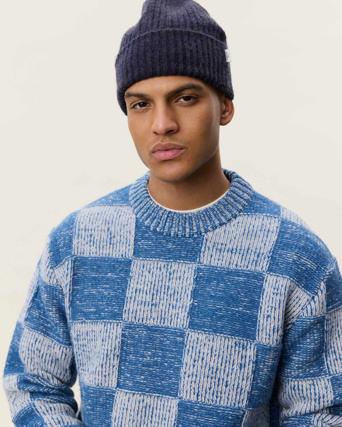 Les Deux Check Knit - Dark Denim Blue Men's Tops - Sloane Boutique