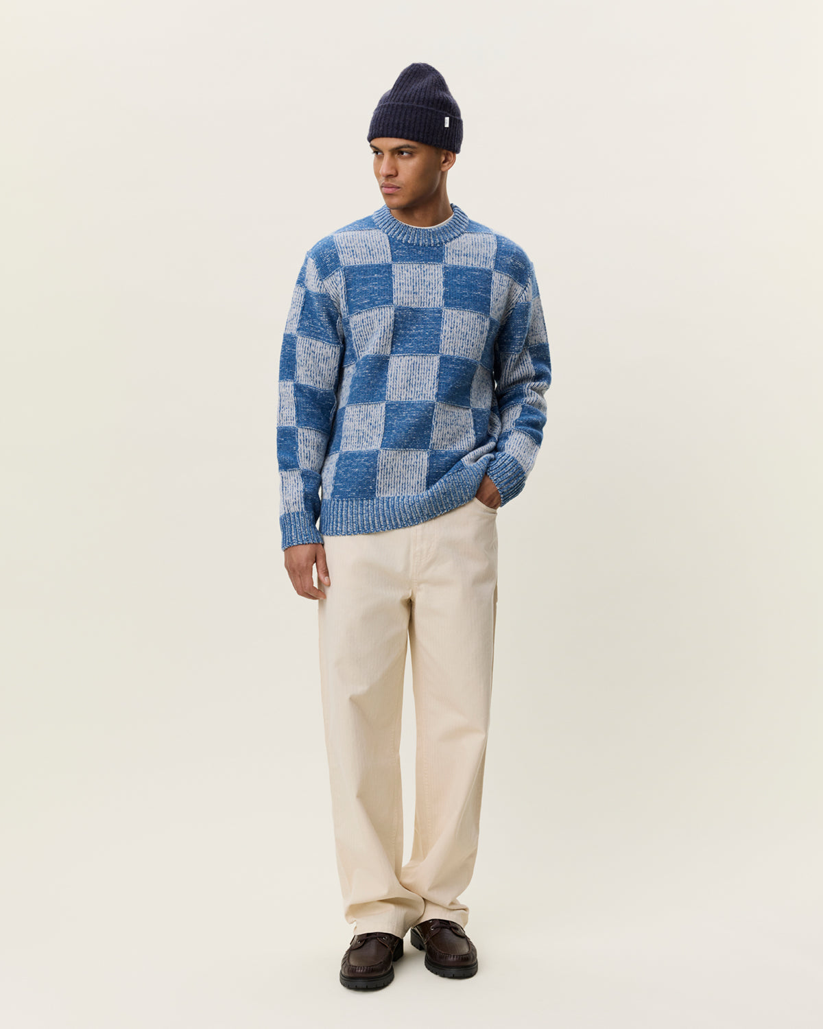 Les Deux Check Knit - Dark Denim Blue Men's Tops - Sloane Boutique