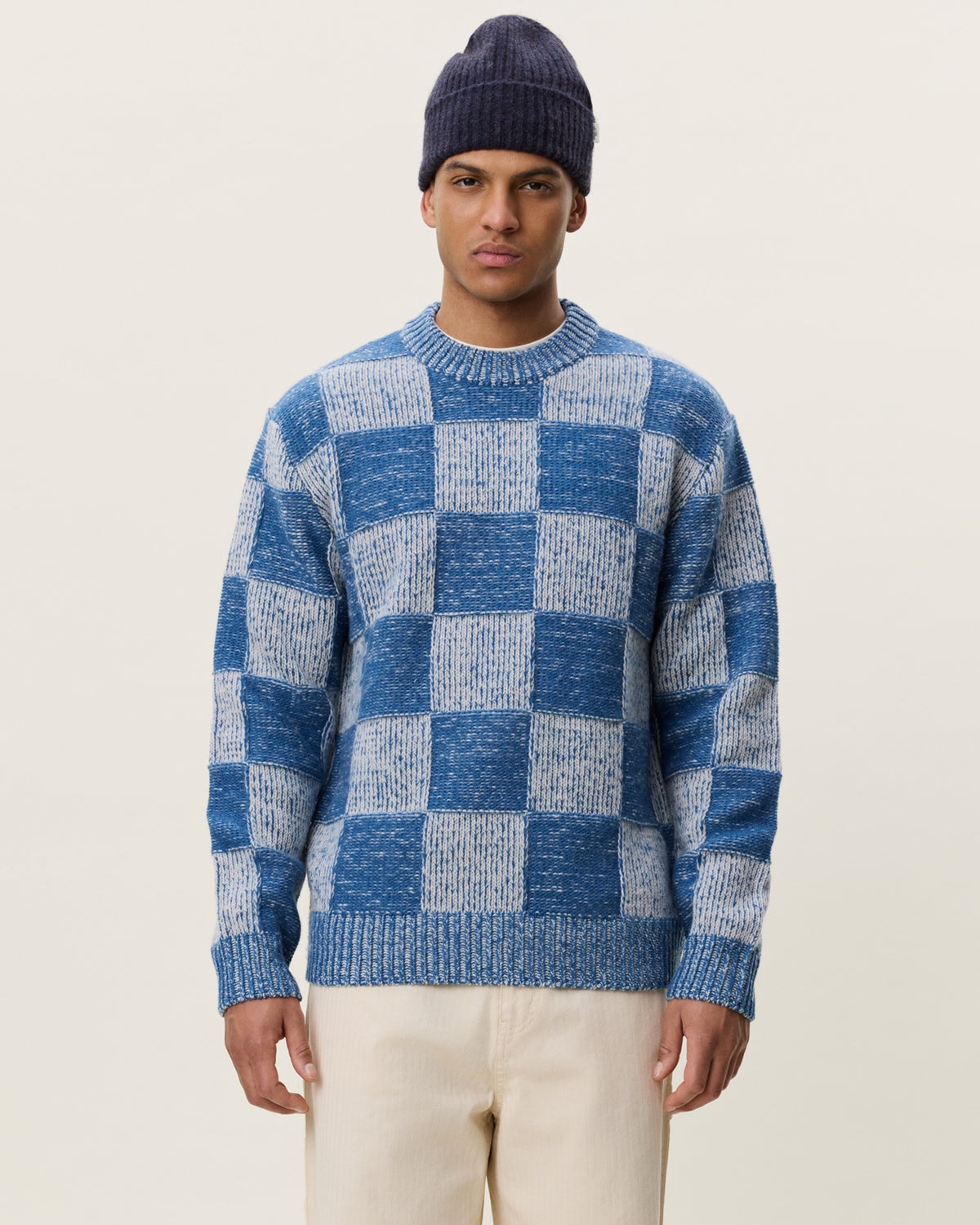 Les Deux Check Knit - Dark Denim Blue Men's Tops - Sloane Boutique