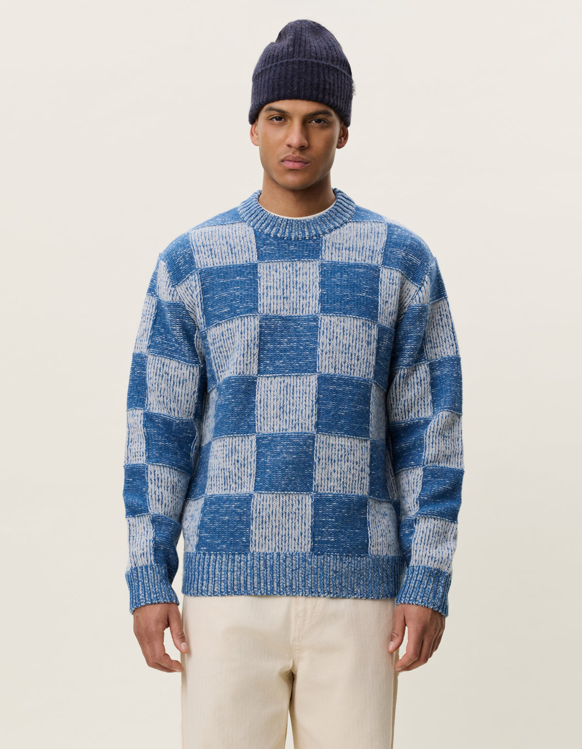 Les Deux Check Knit - Dark Denim Blue Men's Tops - Sloane Boutique