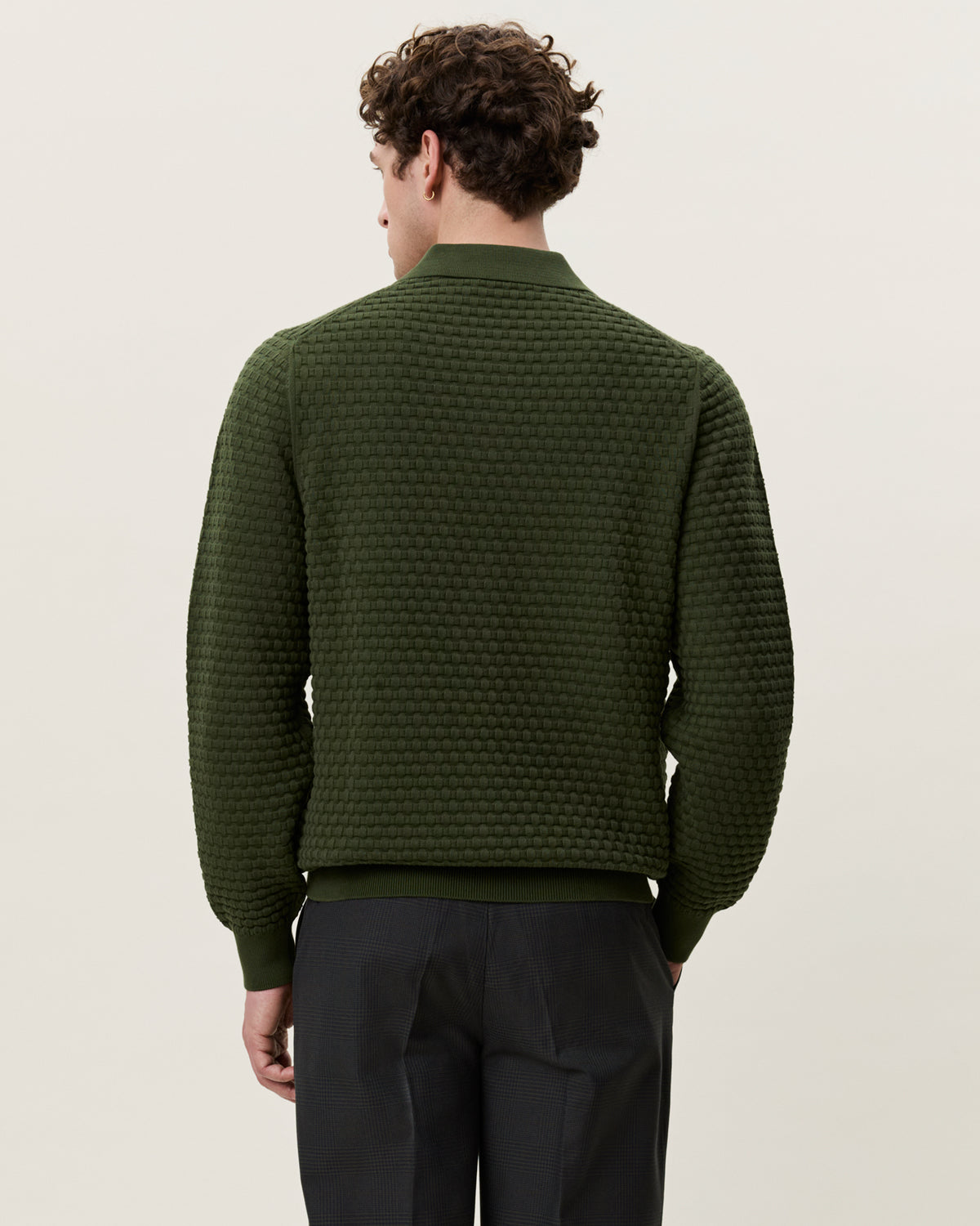 Les Deux Check Structure Knitted Long Sleeve Polo - Rifle Green Men's Tops - Sloane Boutique