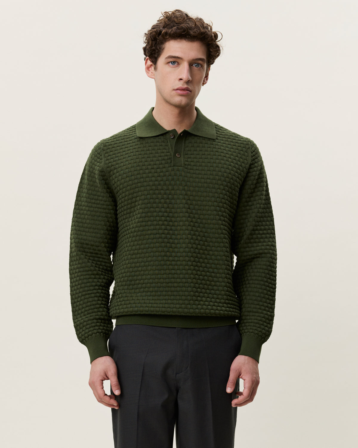 Les Deux Check Structure Knitted Long Sleeve Polo - Rifle Green Men's Tops - Sloane Boutique