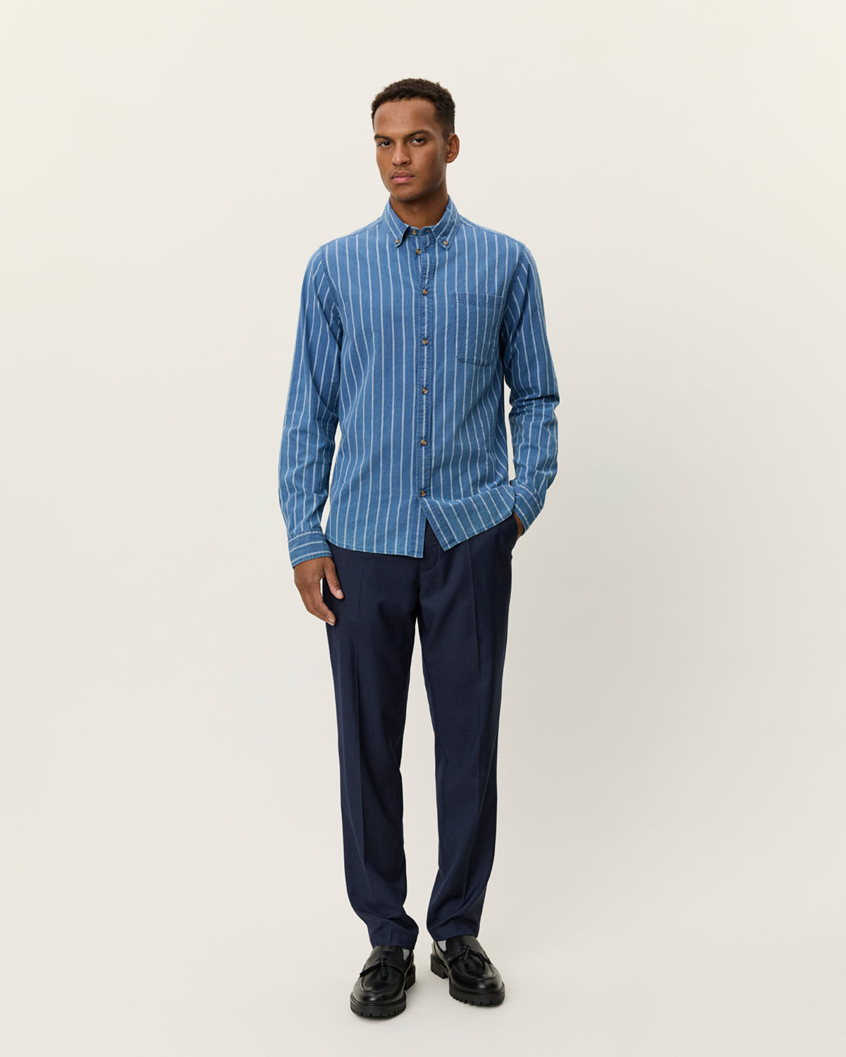 Les Deux Kash Indigo Stripe Shirt - Denim Blue Men's Tops - Sloane Boutique