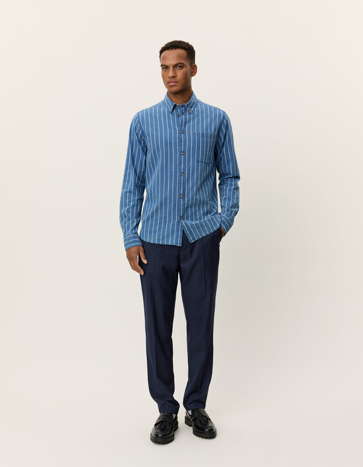 Les Deux Kash Indigo Stripe Shirt - Denim Blue Men's Tops - Sloane Boutique