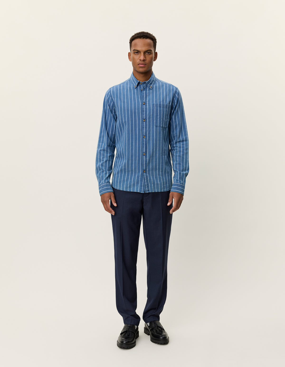 Les Deux Kash Indigo Stripe Shirt - Denim Blue Men's Tops - Sloane Boutique