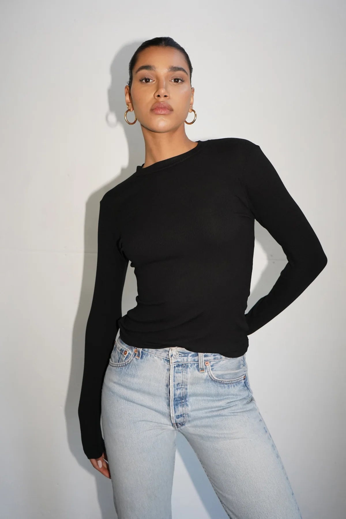 LnA Dalston Ribbed Long Sleeve Tee - Black Women's Tops - Sloane Boutique
