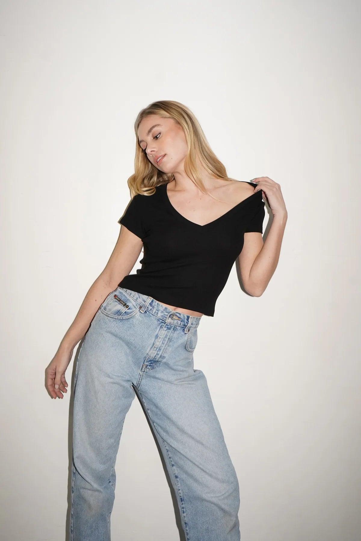 LnA Fitted Deep V Cotton Tee - Black Women's Tops - Sloane Boutique