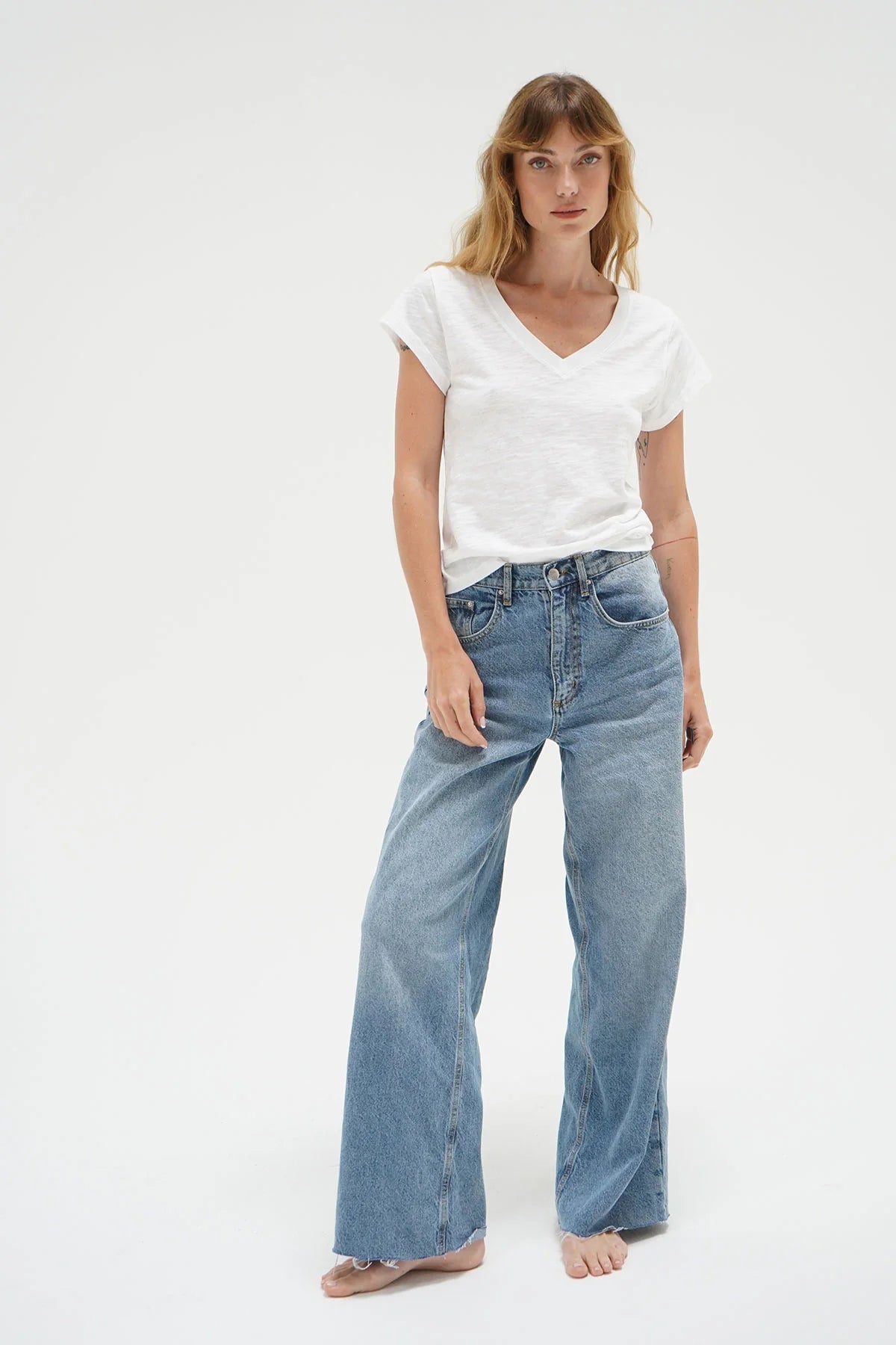 LnA Fitted Deep V Cotton Tee - White Women's Tops - Sloane Boutique