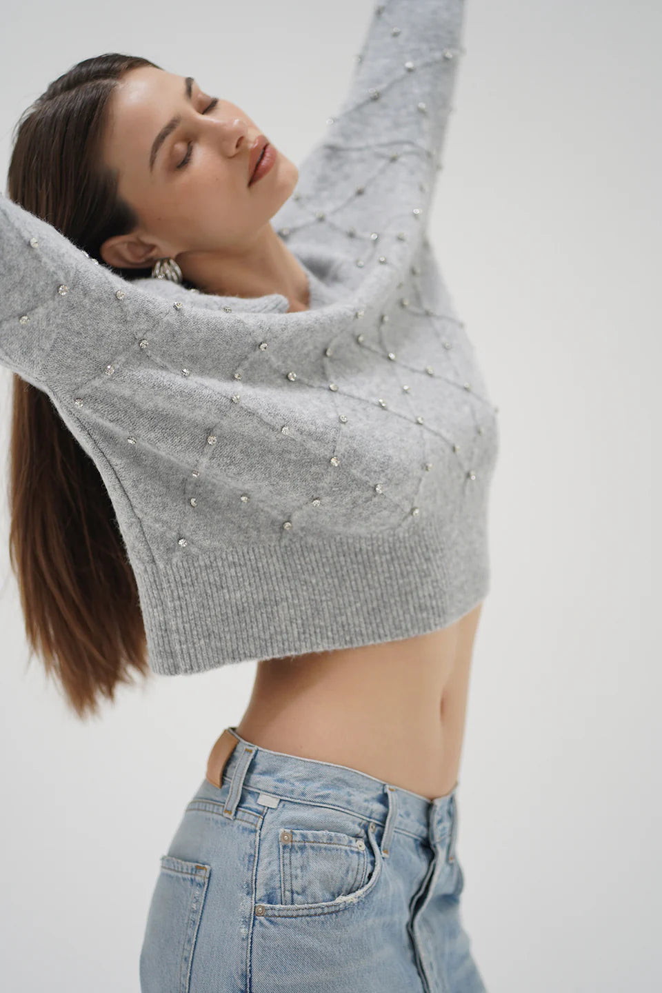 LnA Noma Rhinestone Sweater - Silver Grey Women's Tops - Sloane Boutique