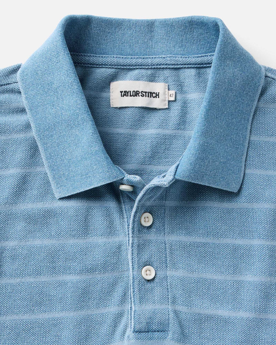 Taylor Stitch Pacific Polo - Washed Indigo Pique Stripe Men's Tops - Sloane Boutique