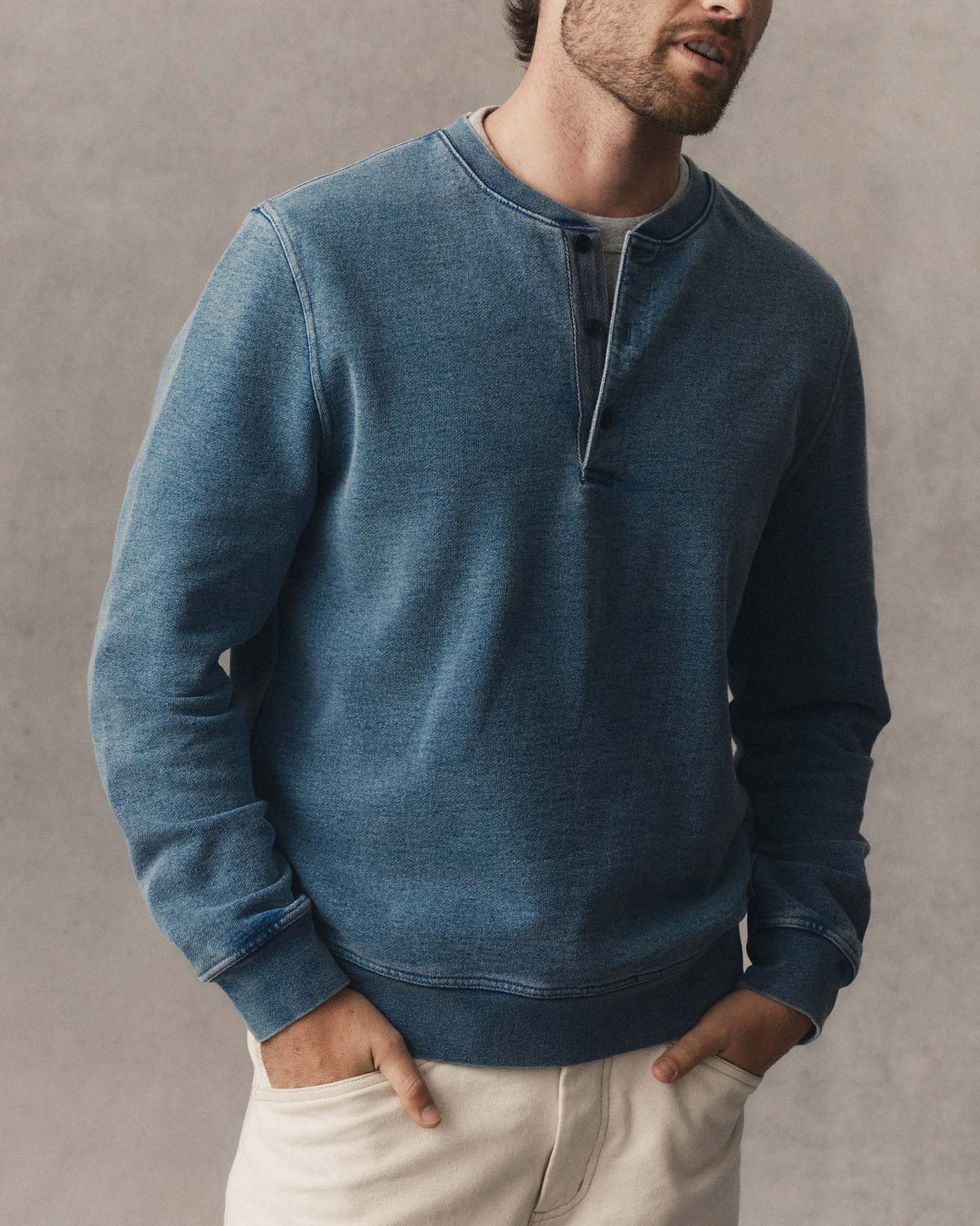 Taylor Stitch Sunset Henley - Washed Indigo Terry Men's Tops - Sloane Boutique