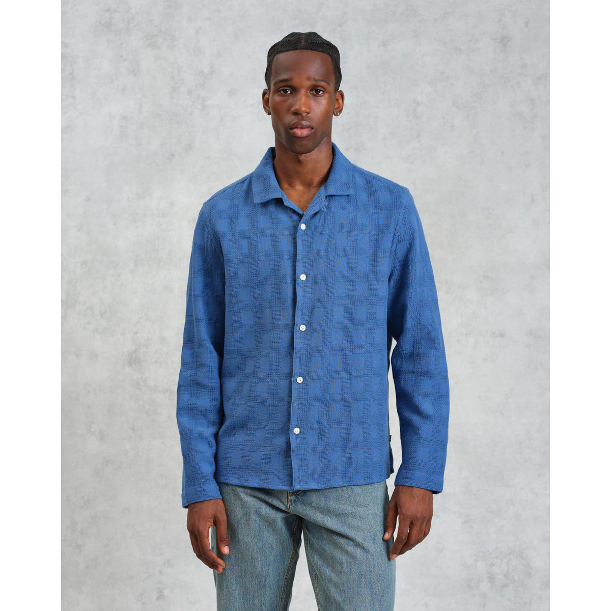 Wax London Corey Long Sleeve Shirt - Cotton Dobby Check Blue Men's Tops - Sloane Boutique