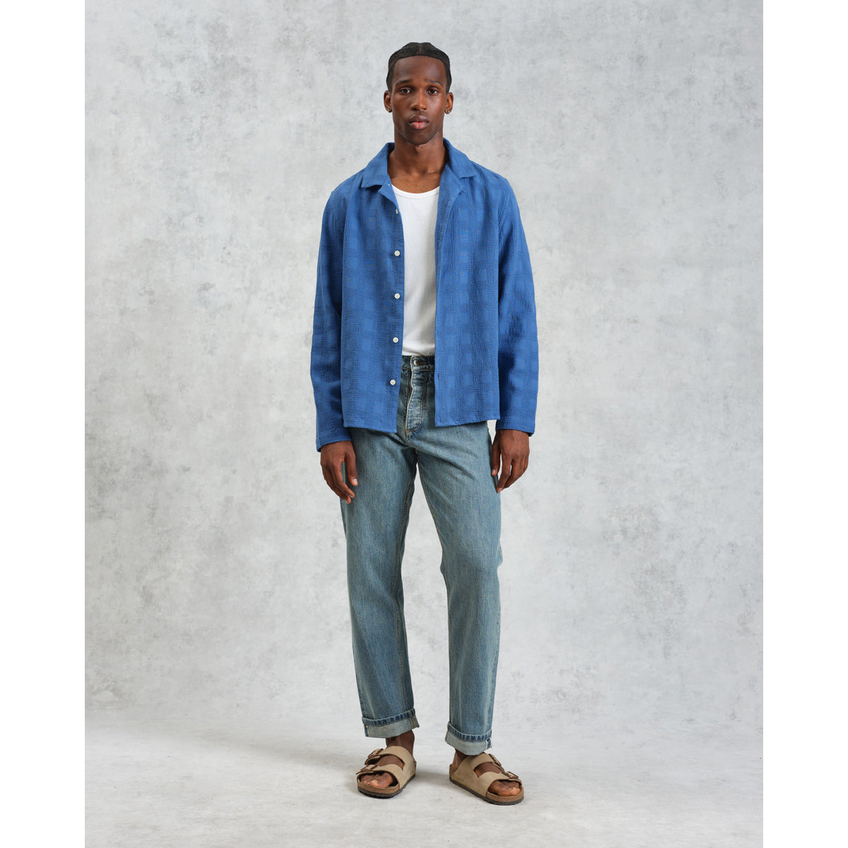 Wax London Corey Long Sleeve Shirt - Cotton Dobby Check Blue Men's Tops - Sloane Boutique