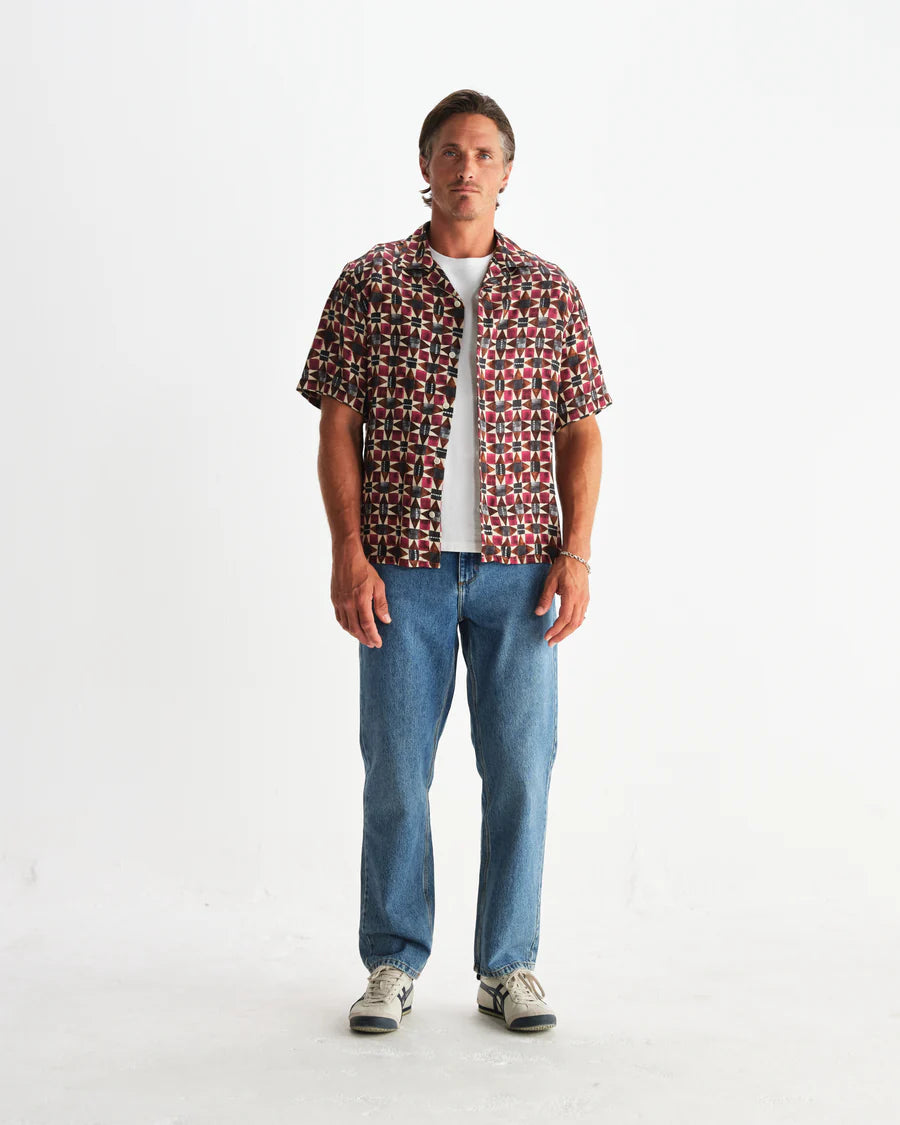 Wax London Men's Painted Geo Tencel Didcot Short Sleeve Shirt - Burgundy Men's Tops - Sloane Boutique
