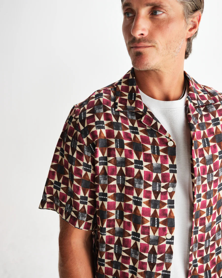 Wax London Men's Painted Geo Tencel Didcot Short Sleeve Shirt - Burgundy Men's Tops - Sloane Boutique