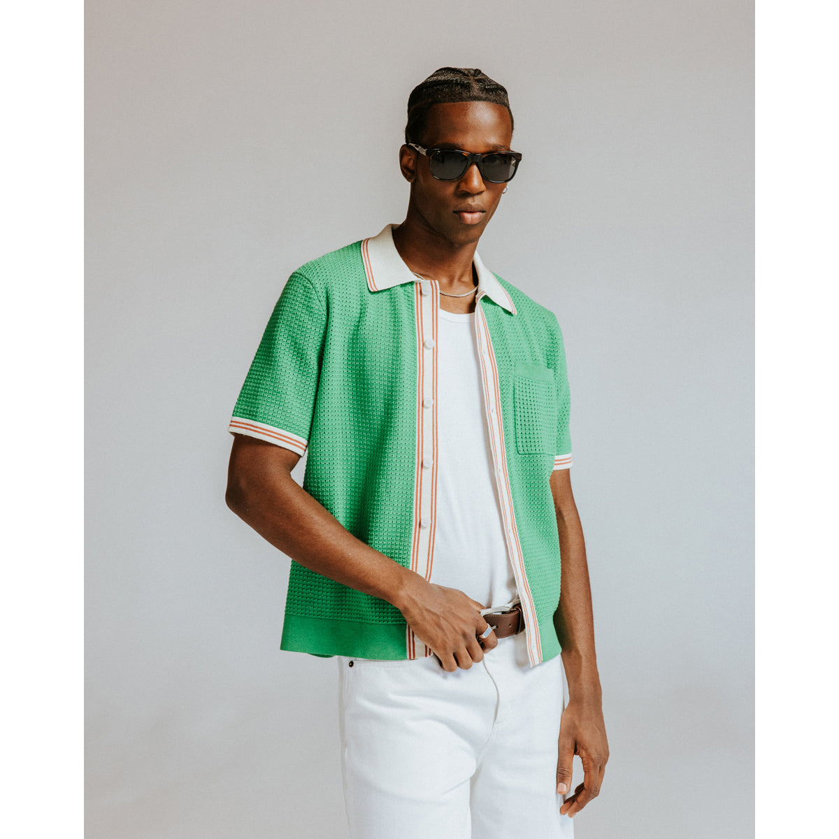 Wax London Tipped Pointelle Belle Short Sleeve Shirt - Green/Ecru Men's Tops - Sloane Boutique