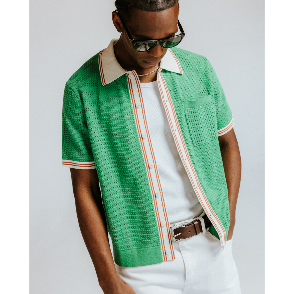 Wax London Tipped Pointelle Belle Short Sleeve Shirt - Green/Ecru Men's Tops - Sloane Boutique