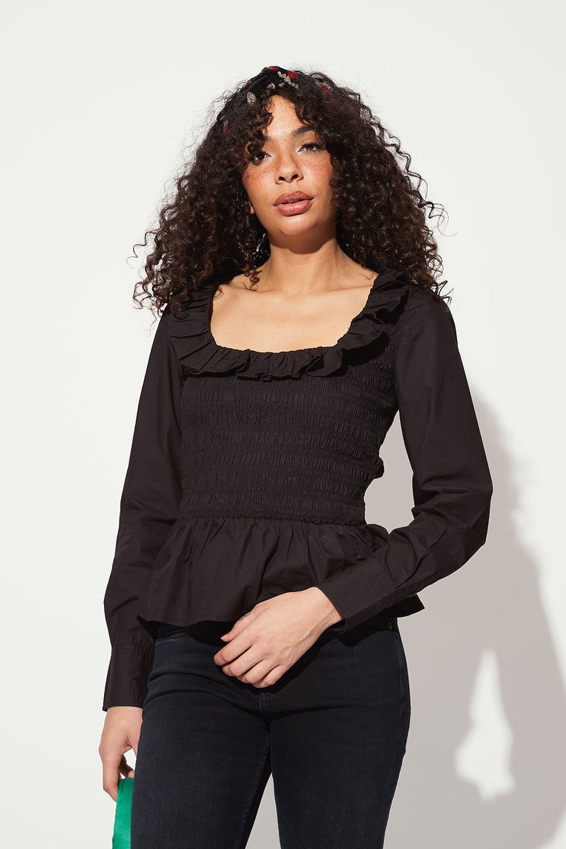 Ganni Cotton Poplin Open Neck Smock Blouse - Black – Sloane Boutique