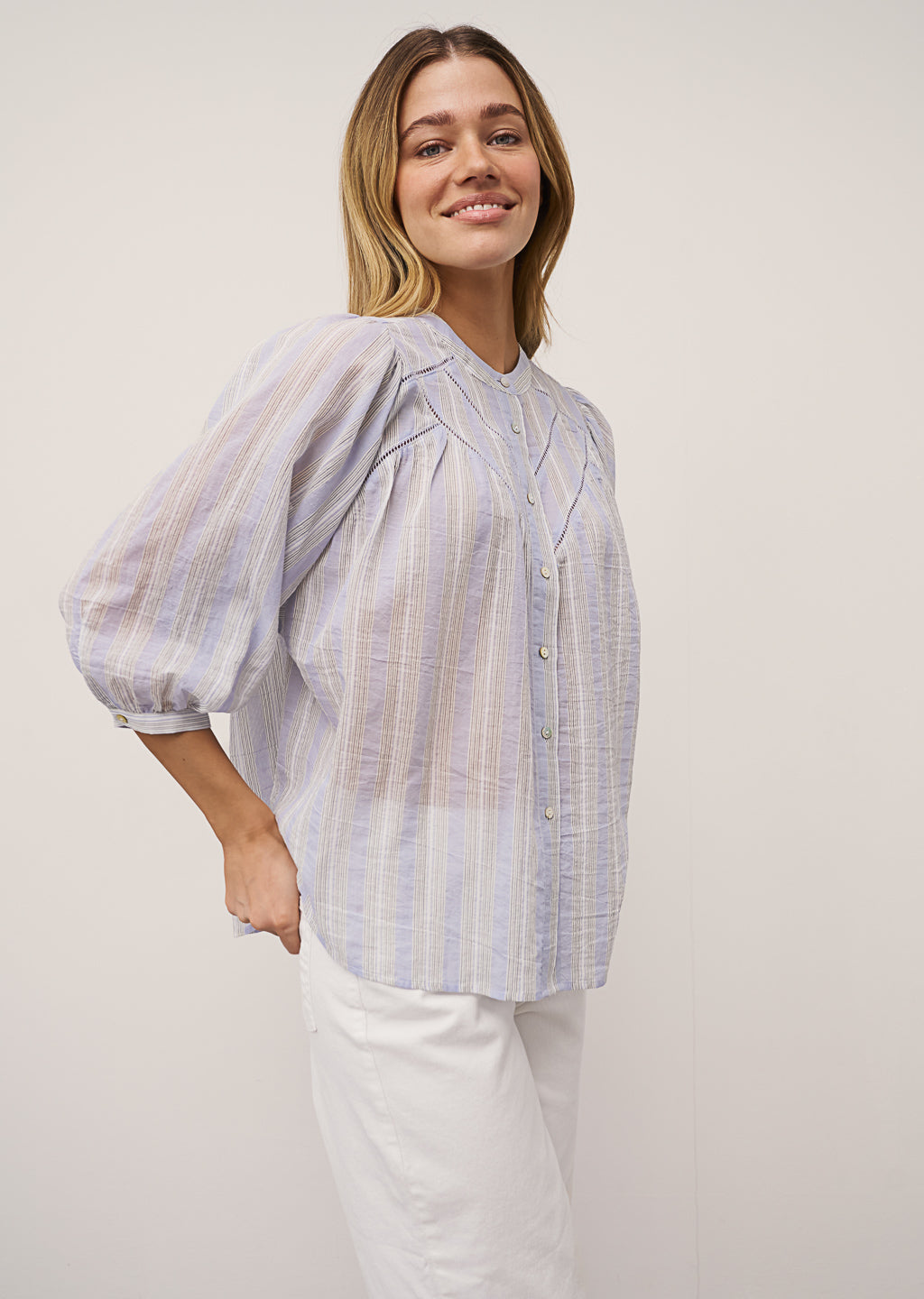0039 Italy Faviola Fancy Blouse - Blue / White Women's Tops - Sloane Boutique