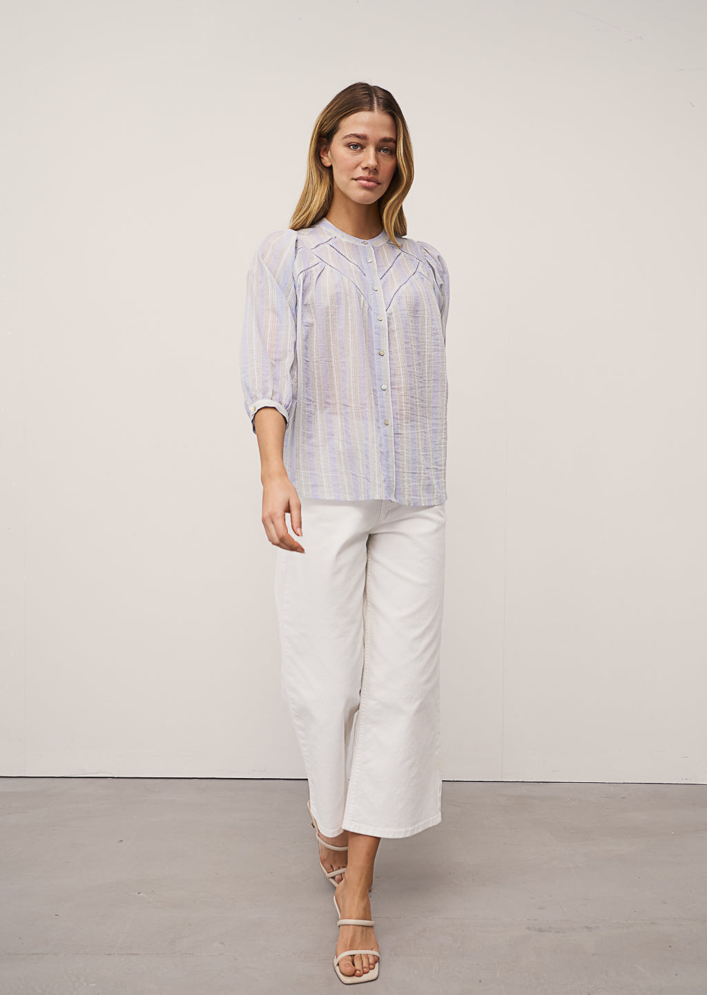 0039 Italy Faviola Fancy Blouse - Blue / White Women's Tops - Sloane Boutique