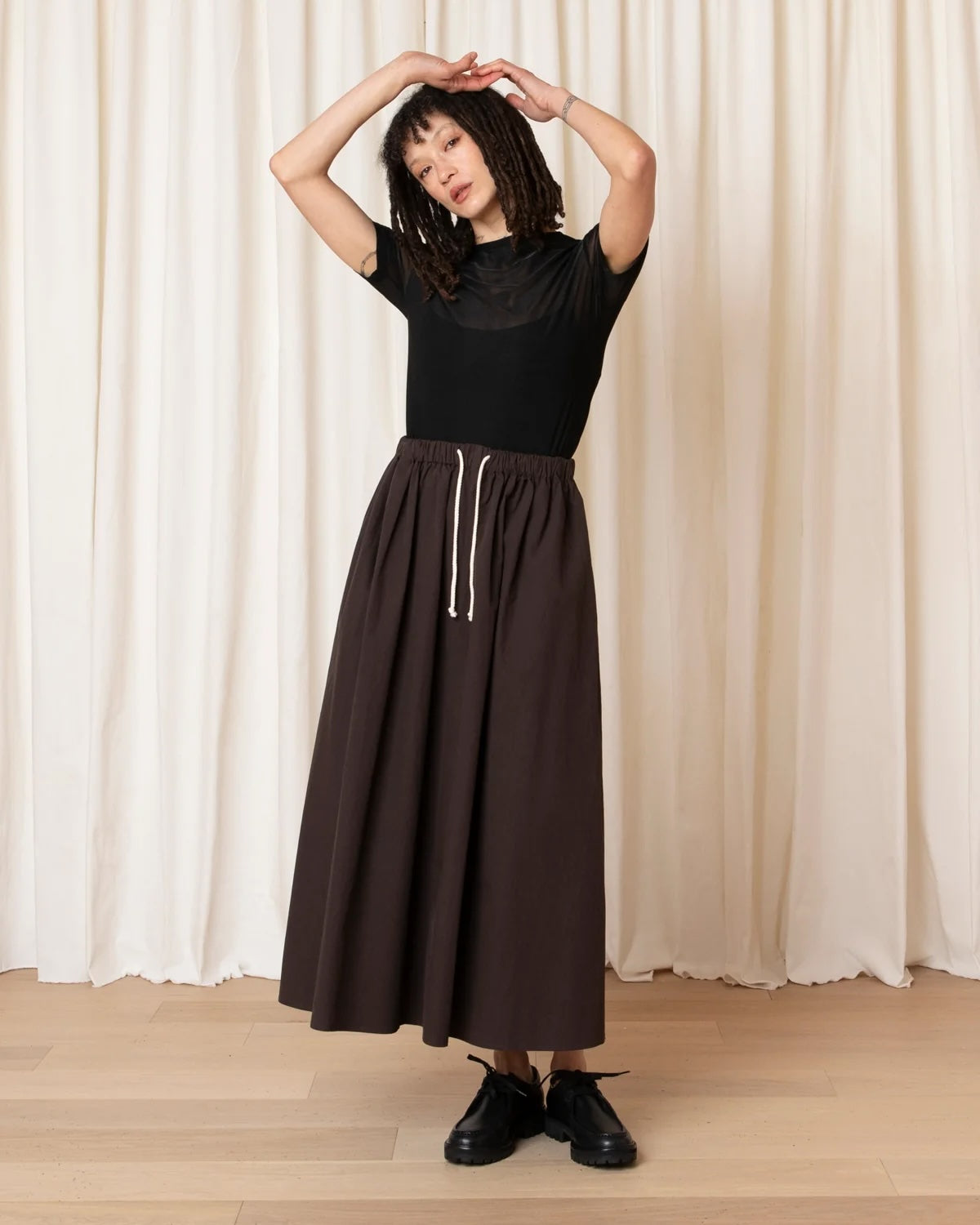 Ali Golden Drawstring Full Skirt - Dark Brown Women's Bottoms - Sloane Boutique
