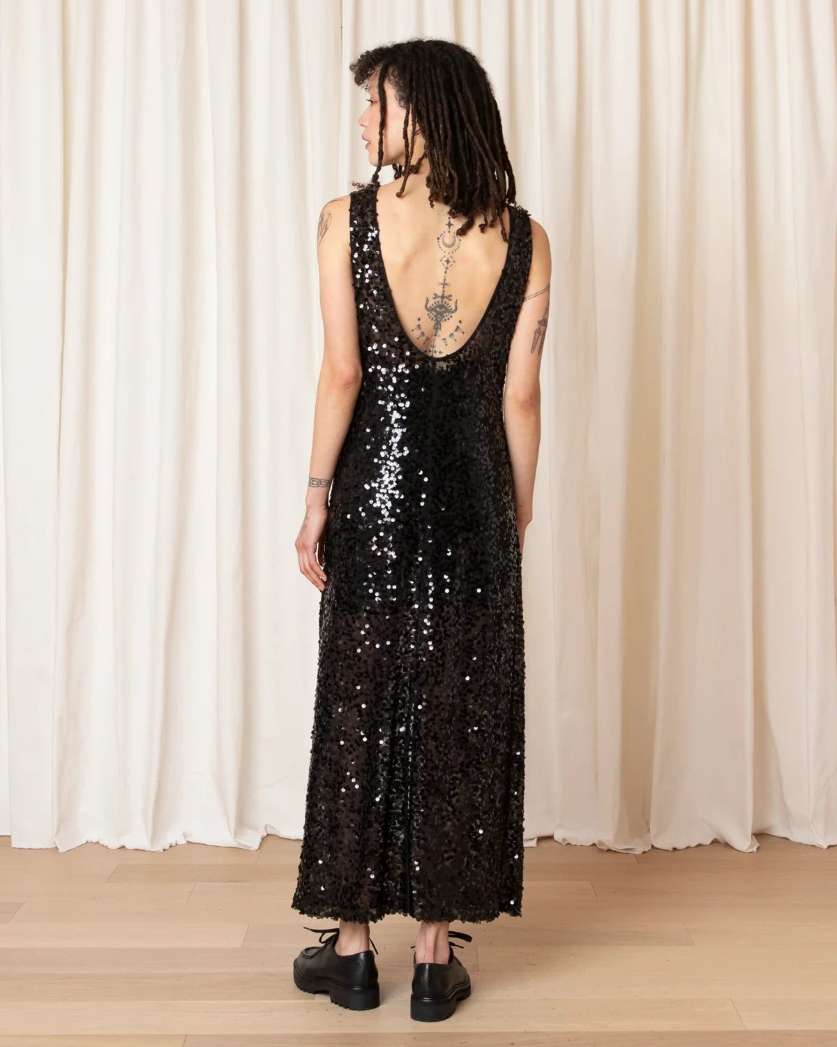 Ali Golden High Neck Low Back Dress - Black Sequins Dresses - Sloane Boutique