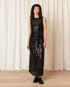 Ali Golden High Neck Low Back Dress - Black Sequins Dresses - Sloane Boutique