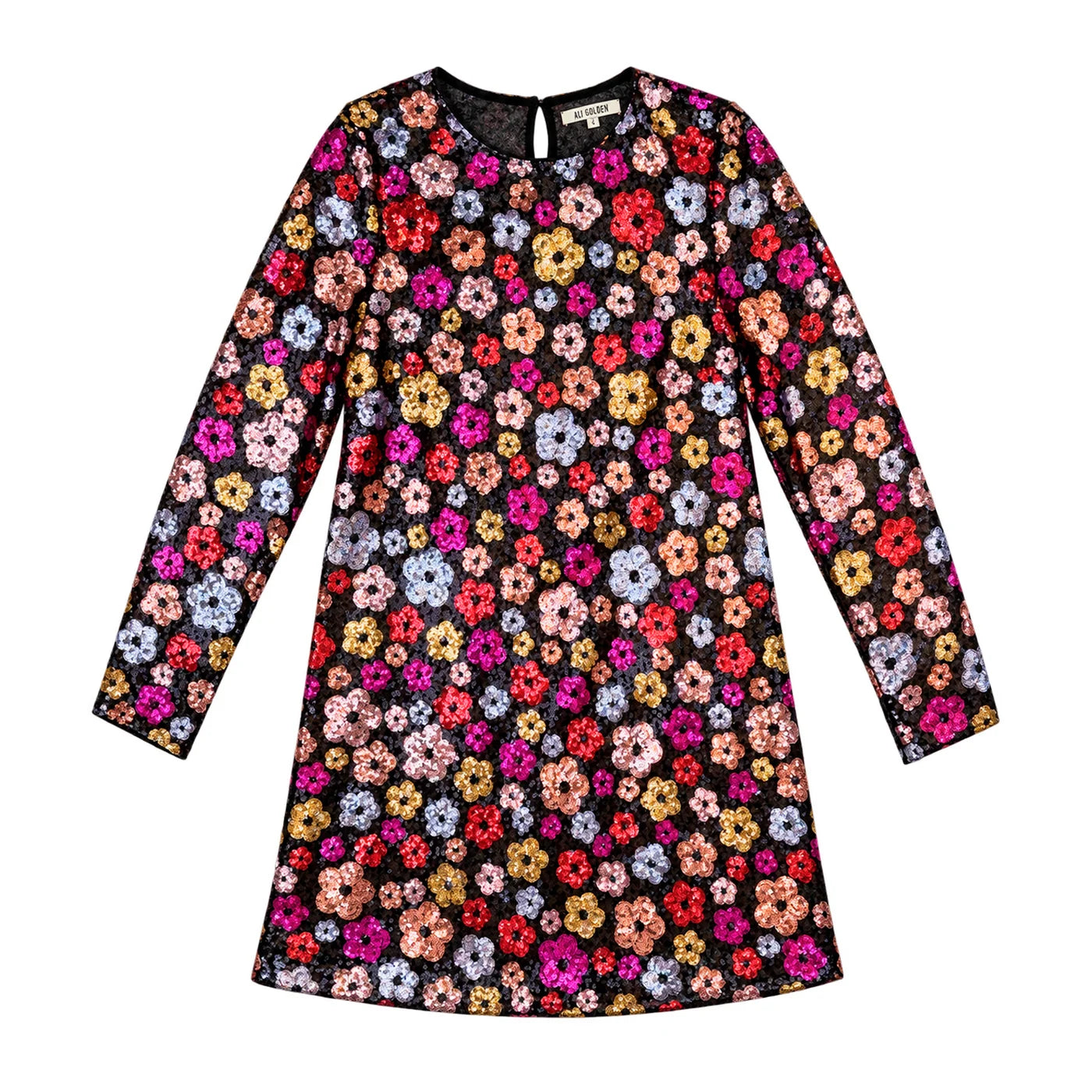 Ali Golden Long Sleeve Shift Dress - Flower Sequins Dresses - Sloane Boutique