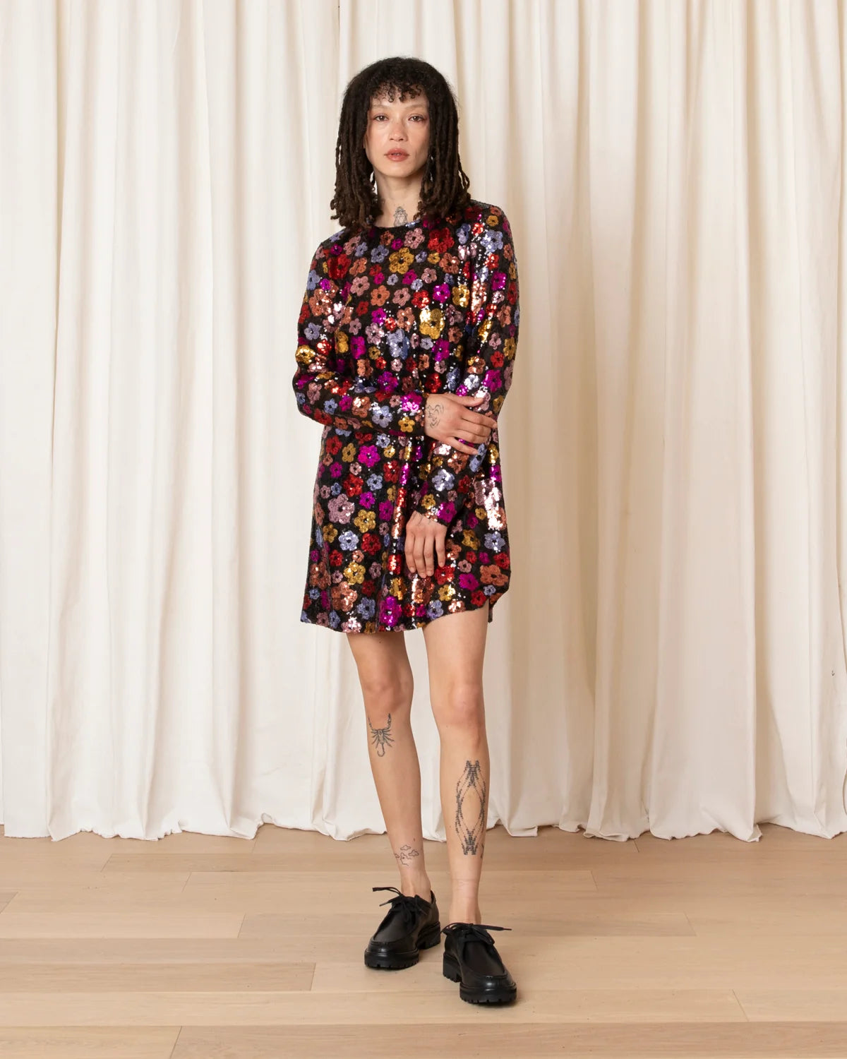 Ali Golden Long Sleeve Shift Dress - Flower Sequins Dresses - Sloane Boutique