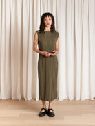 Ali Golden Pleated High Neck Dress - Olive Dresses - Sloane Boutique
