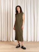 Ali Golden Pleated High Neck Dress - Olive Dresses - Sloane Boutique