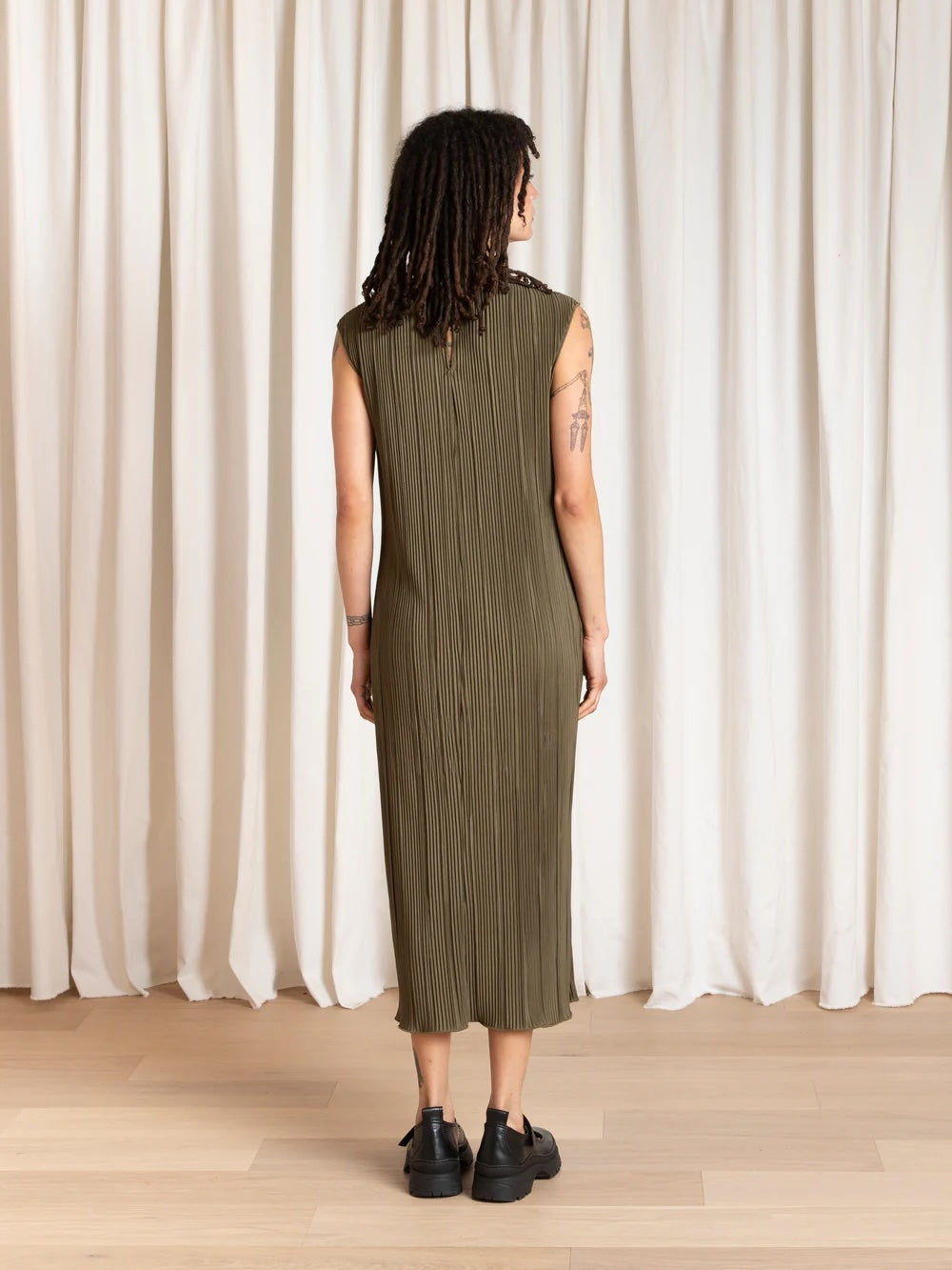 Ali Golden Pleated High Neck Dress - Olive Dresses - Sloane Boutique