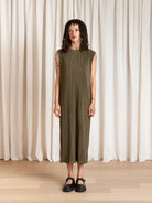 Ali Golden Pleated High Neck Dress - Olive Dresses - Sloane Boutique