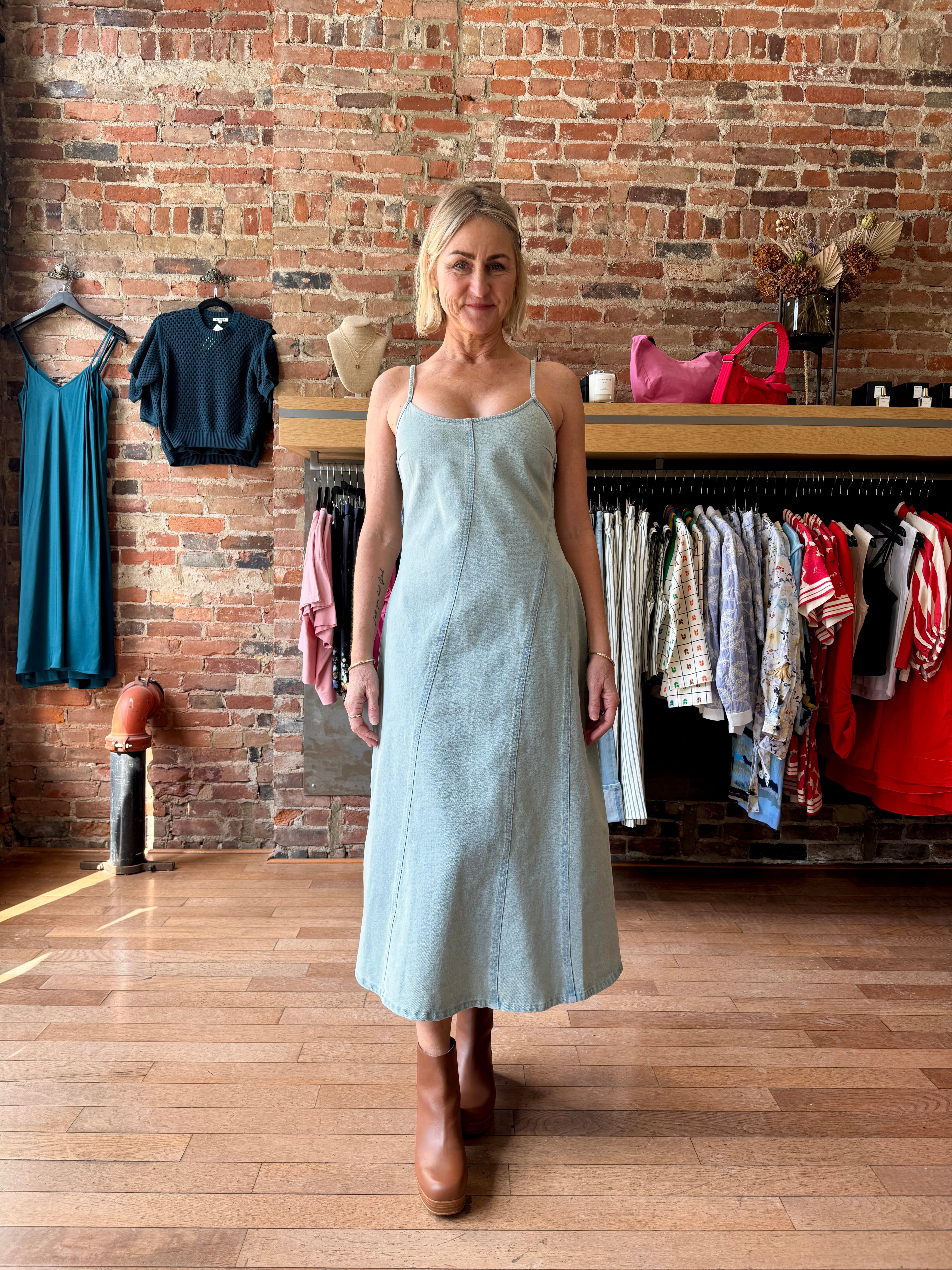 Ali Golden Seamed Tank Dress - Light Denim Dresses - Sloane Boutique