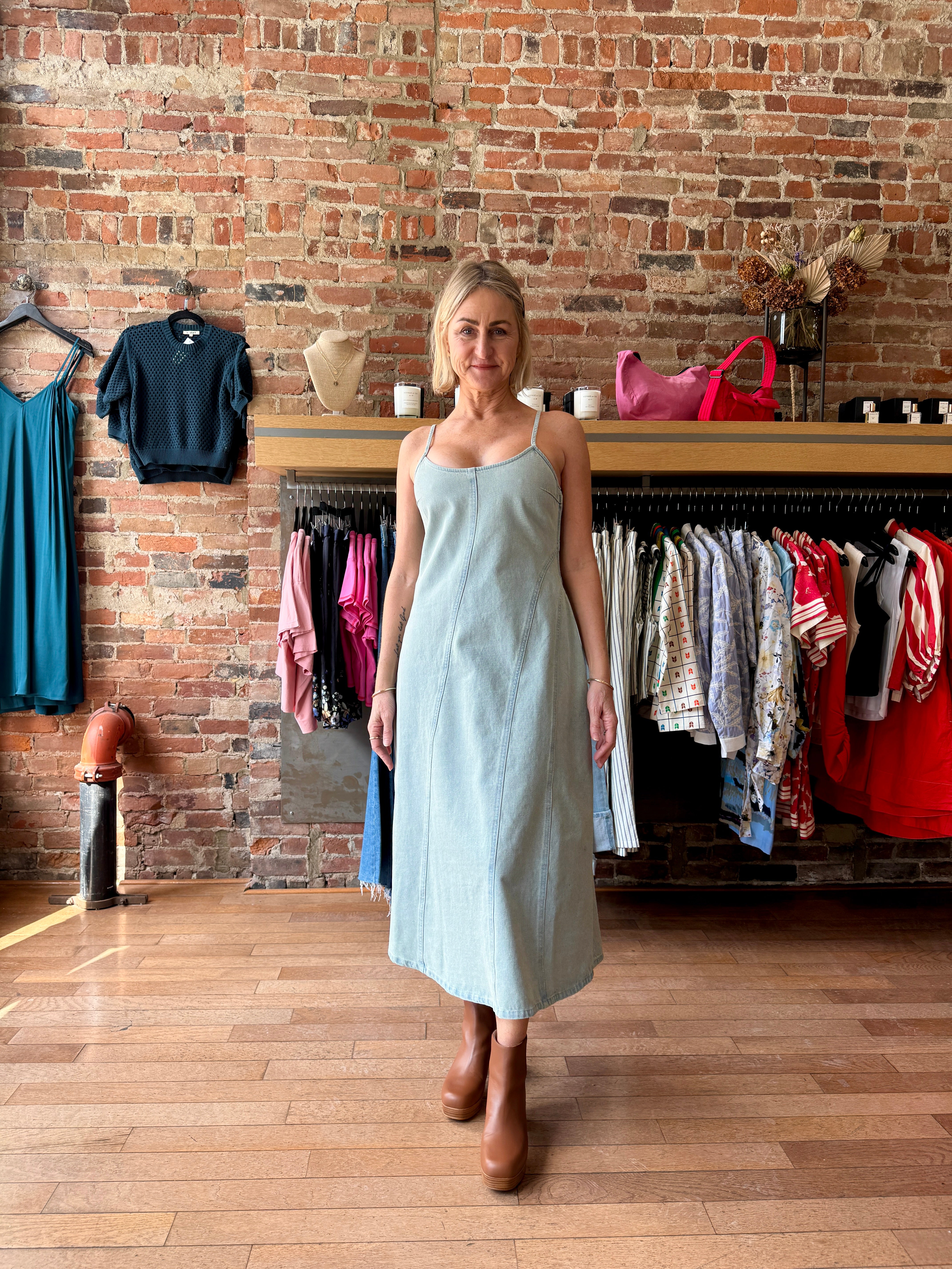 Ali Golden Seamed Tank Dress - Light Denim Dresses - Sloane Boutique