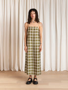 Ali Golden Square Neck Slip Dress - Olive Plaid Dresses - Sloane Boutique
