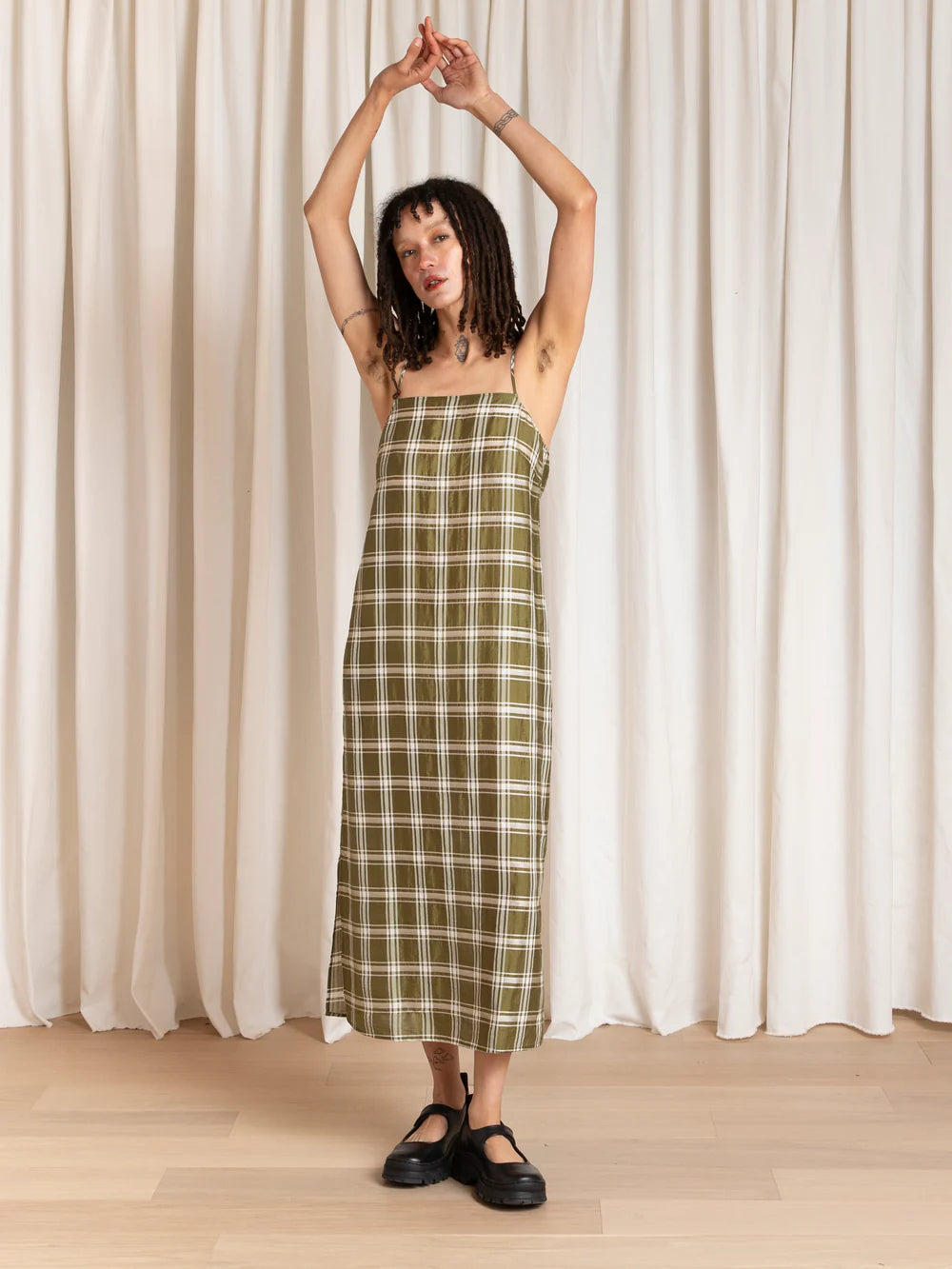 Ali Golden Square Neck Slip Dress - Olive Plaid Dresses - Sloane Boutique
