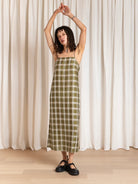 Ali Golden Square Neck Slip Dress - Olive Plaid Dresses - Sloane Boutique