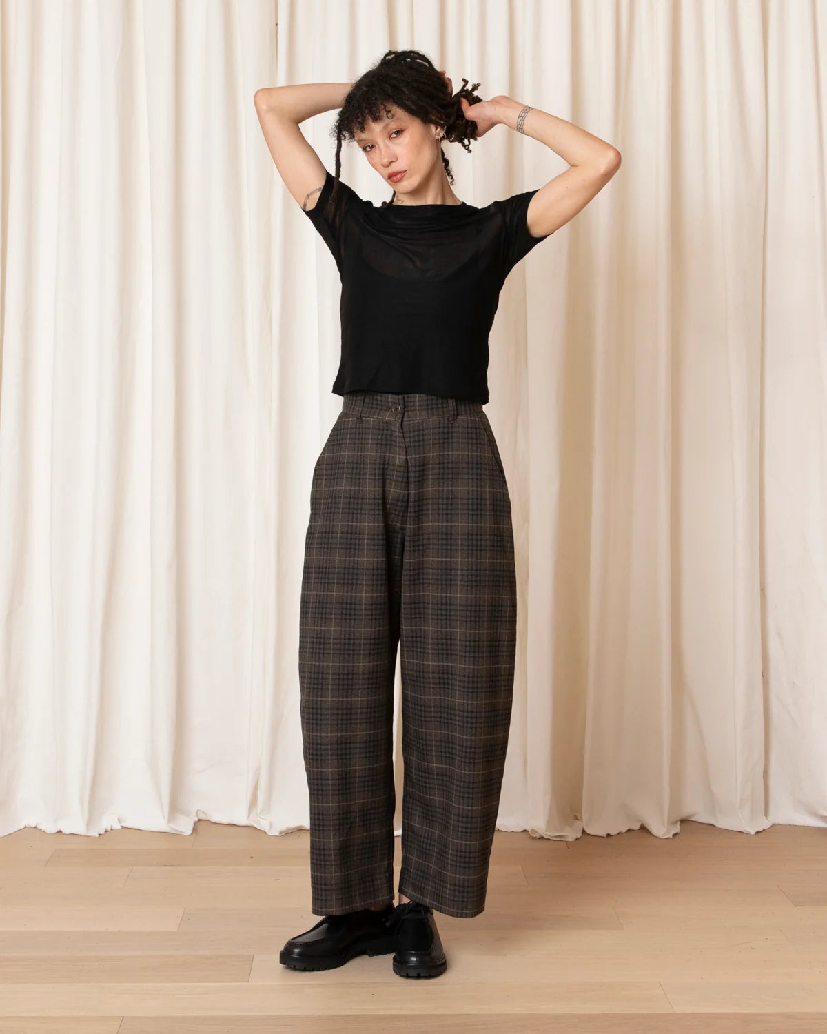 Ali Golden Wool Loose Barrel Pant - Black/Brown Plaid Women's Bottoms - Sloane Boutique