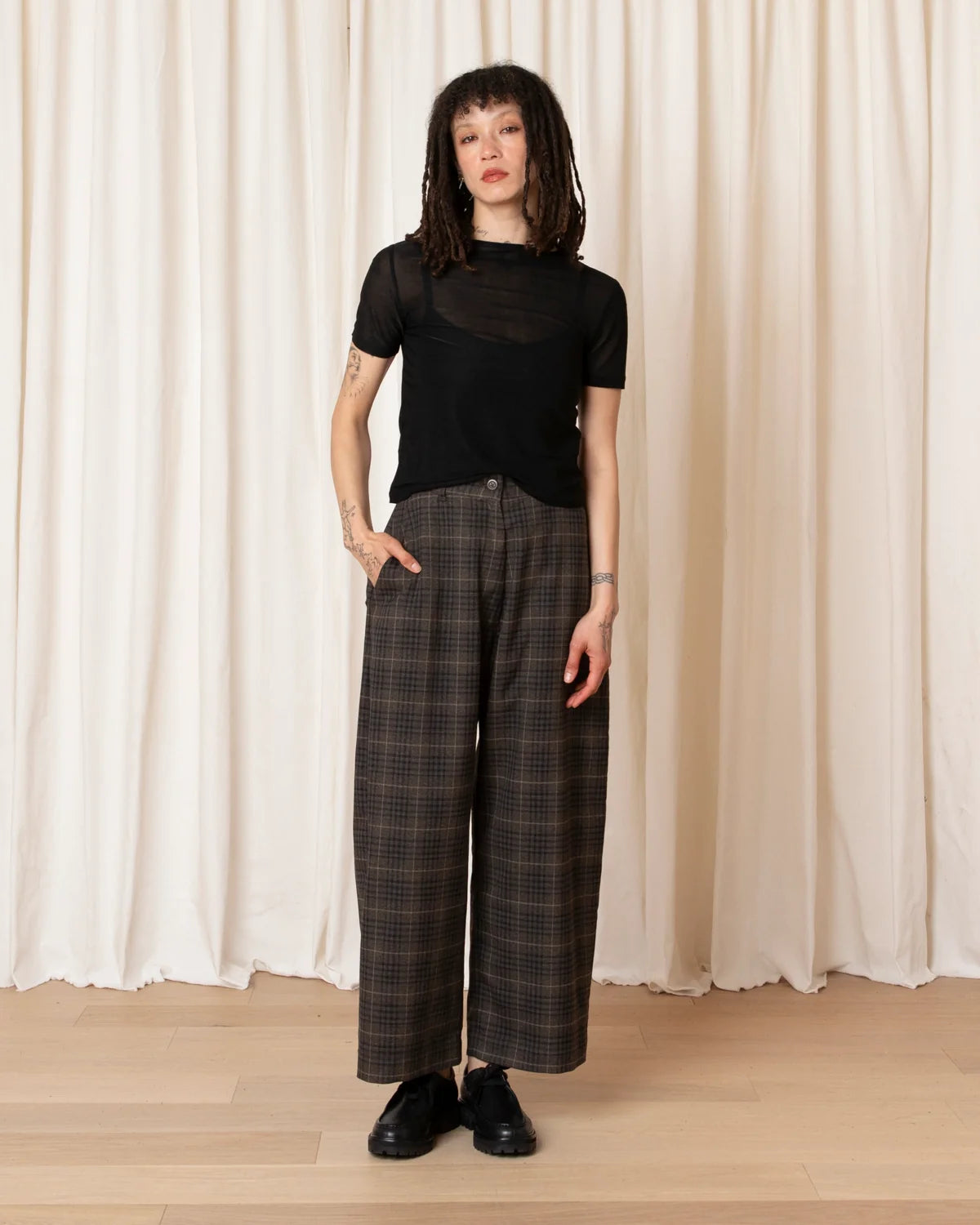 Ali Golden Wool Loose Barrel Pant - Taupe Multicolor Plaid Women's Bottoms - Sloane Boutique
